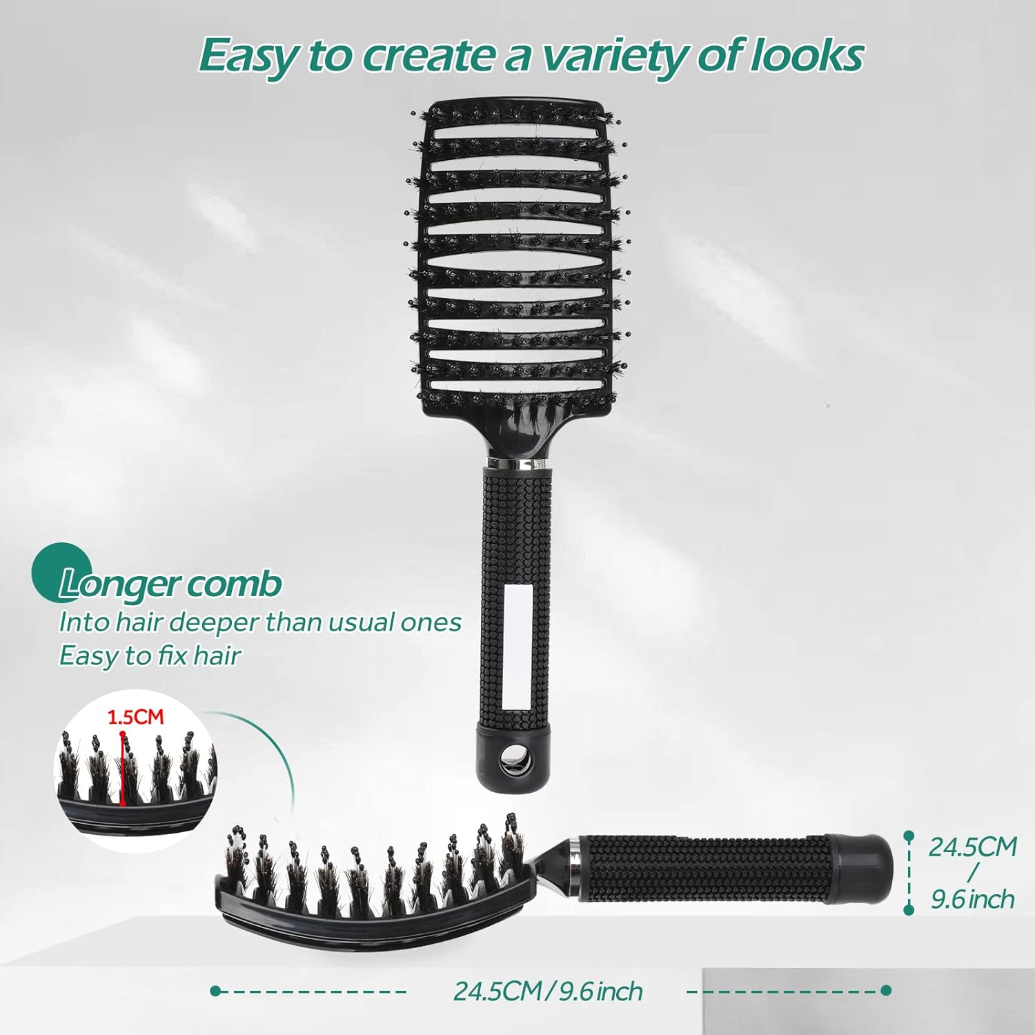 Geeric Hair Brush, Boar Bristle Hair Brushes for Women Men Kids Paddle Detangler Hair Brush Curved Vent Styling Hairbrush for Wet Dry Curly Thick Hair Smoothing Massaging Detangling Black image number 4