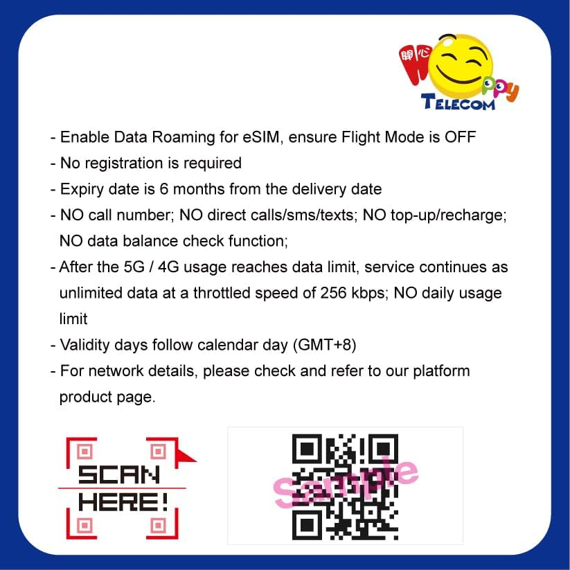 Happy 5G Esim China 15Days Unlimited Data Travel Esim | 8GB of 5G High-Speed Data Then 256Kbps | Support Iphone & Android Devices | Easy Activation | No Need Registration image number 2