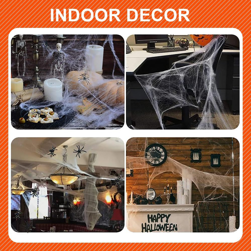 420G Halloween Cobweb Spider Decor 1400Sqft Webs with 150 PCS Spiders, Super Stretchy Spider Webbing with 150 Fake Spiders for Scary Indoor & Outdoor Halloween Decorations