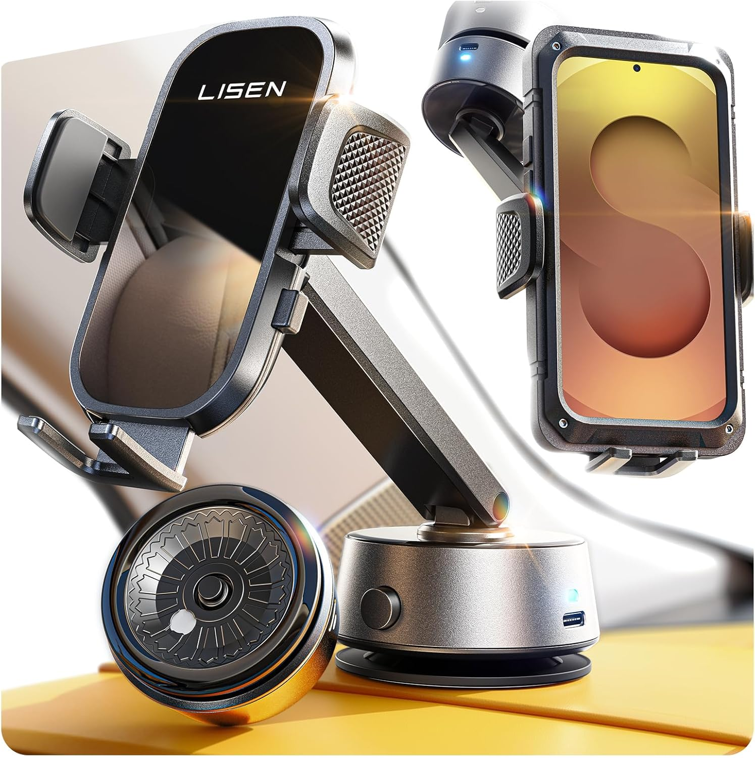 LISEN Car Phone Holder Mount,Electric Suction Cup Phone Mount,0% Incident Security Monitor ＆ 0.1S Operation ＆ Fit Any Angle,Any Position for Iphone Android and All Smartphones,All Thick Case