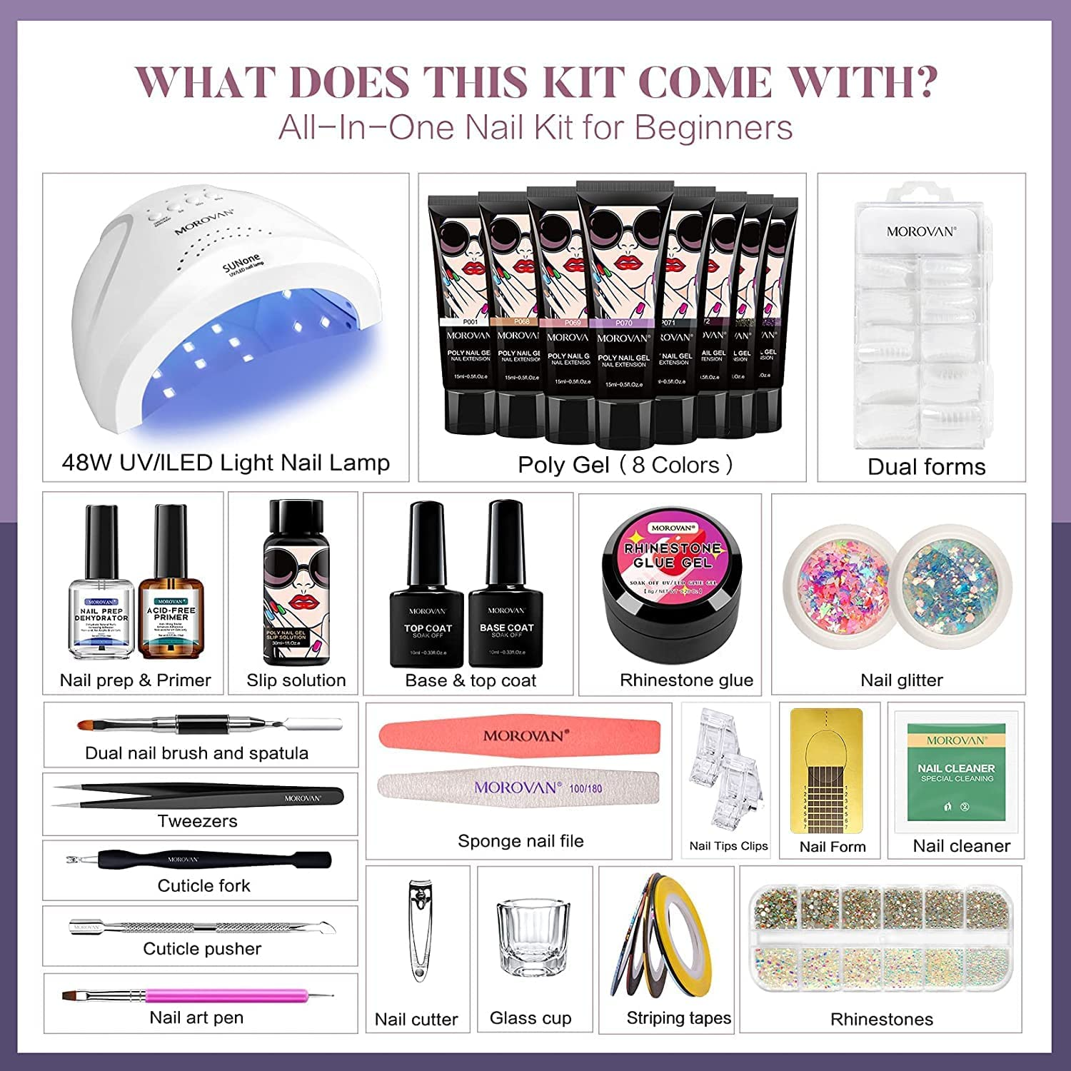Morovan Gel Poly Nail Kit,8 Pcs Poly Gel Nail Kit with Lamp Everything Nail Extension Gel Kit with 48W LED Nail Lamp 0.5Oz Poly Gel Nail Kits for Starters and DIY French Ombre Nails image number 6