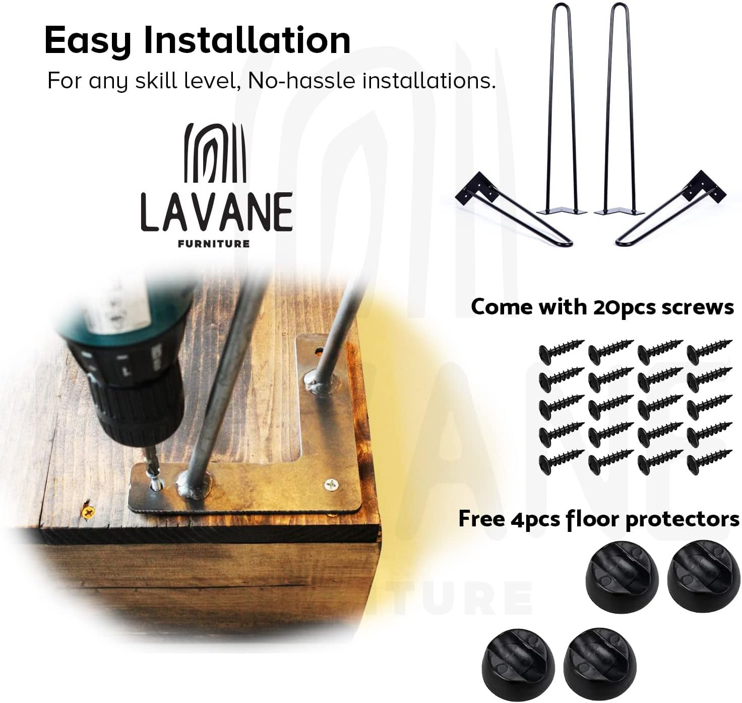 La Vane 8 Inch Hairpin Table Legs (4-Pack), 20Cm Mid-Century Modern Metal Furniture Legs for Coffee Table, Desk, Cabinet, TV Stand, Bench - with Screws & Floor Protectors image number 4