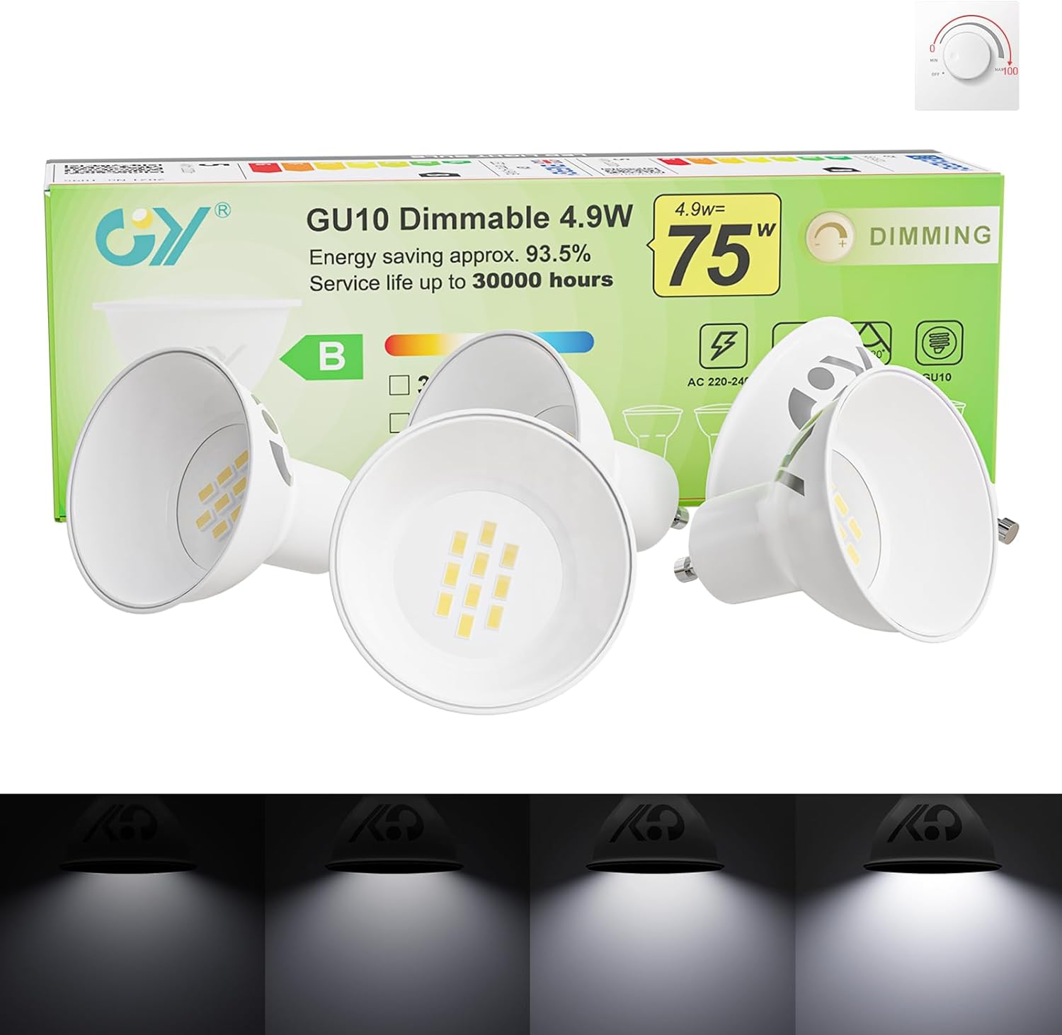 GY GU10 LED Bulb 4.9W 790Lm Cool White 6500K Energy Saving LED Bulb, Energy Efficiency Class B Replaces 80W, 110&deg;Beam Angle Non-Dimmable, 10 Pack
