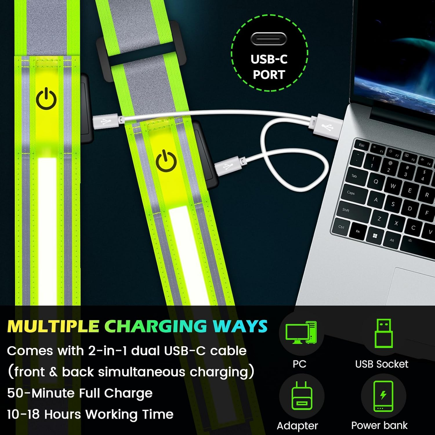 Fokia Kunbio LED Reflective Running Gear High Visibility Reflective Belt Sash with Armband for Walking at Night,Adjustable Running Safety Gear Light up Running Belt for Runners Walkers Men Women - Orange image number 7