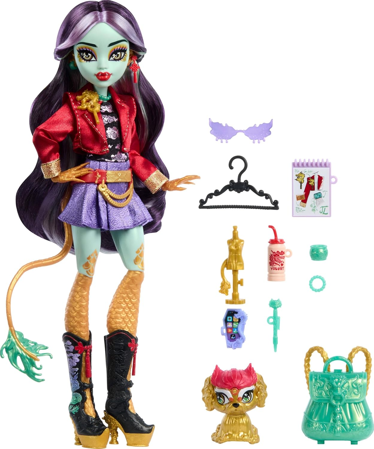 Monster High Jinafire Long Doll, Dragon with Pet Dog Cloudy &ldquo;Yun Yun&rdquo; and 7 Accessories like Sketch Pad, Yogurt Drink, Backpack and More image number 1