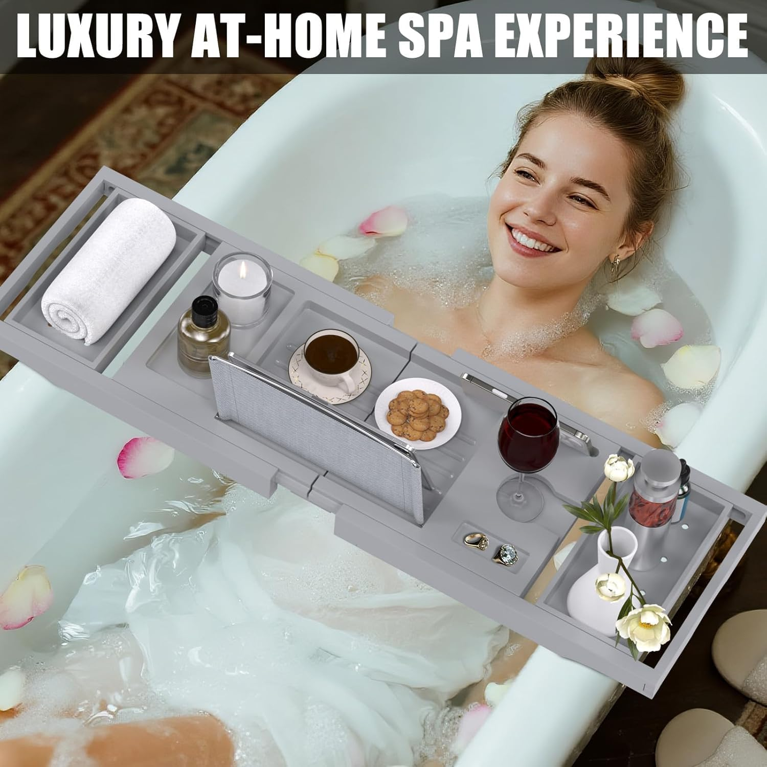 Bathtub Caddy Tray for Tub, Premium Expandable Bamboo Bath Tub Tray Table with Wine Glass Holder Book Phone Tablet Holder, House Warming Gifts, Anniversary and Wedding Gifts (Grey) - Grey image number 4