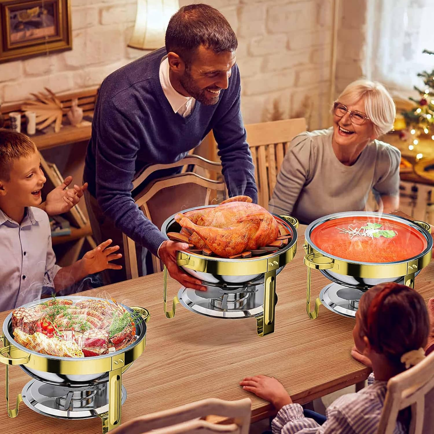 5.5QT Chafing Dishes for Buffet 2 Pack, round Stainless Steel Chafer for Catering, Upgraded Chafers and Buffet Warmer Sets with Food & Water Pan, Gold Frame, Fuel Holder for Any Events image number 5