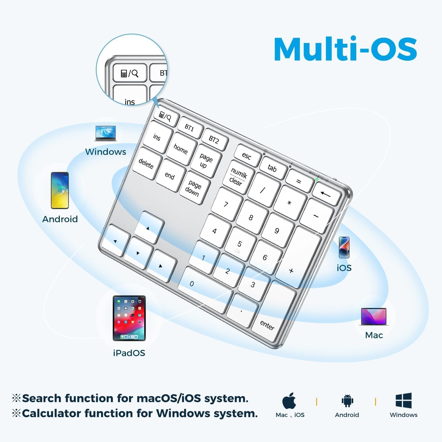 Iclever Bluetooth Number Pad, Multi-Devices Wireless Number Pad, USB-C Rechargeable, External 34-Keys Numpad for Data Entry, Compatible for Laptop, Mac, Imac, Notebook, PC Desktop (Kp10-Silver) image number 4