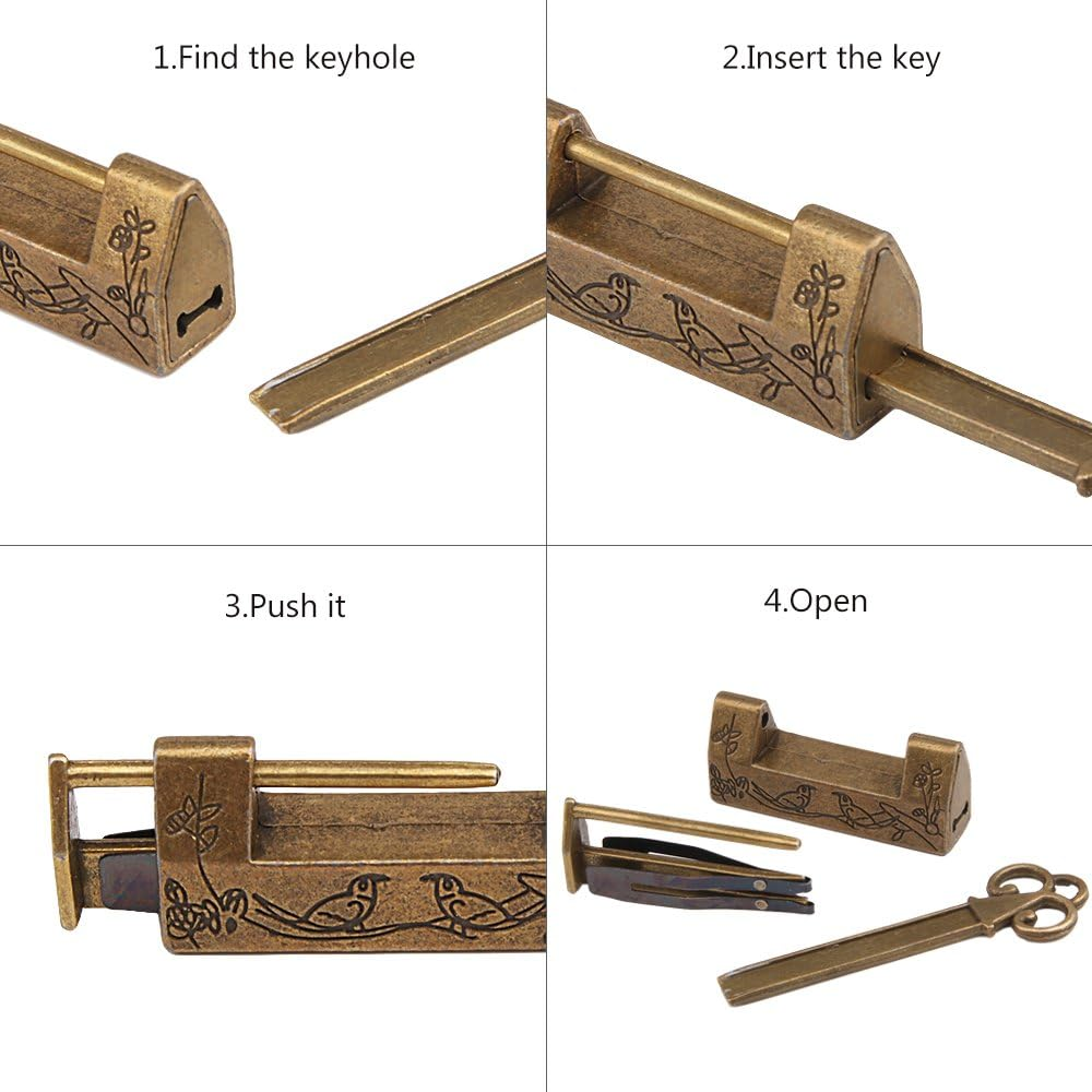 GTHER Small Vintage Carved Flower Bird Padlock Decorative Lock with Key for Jewelry Box Drawer image number 1