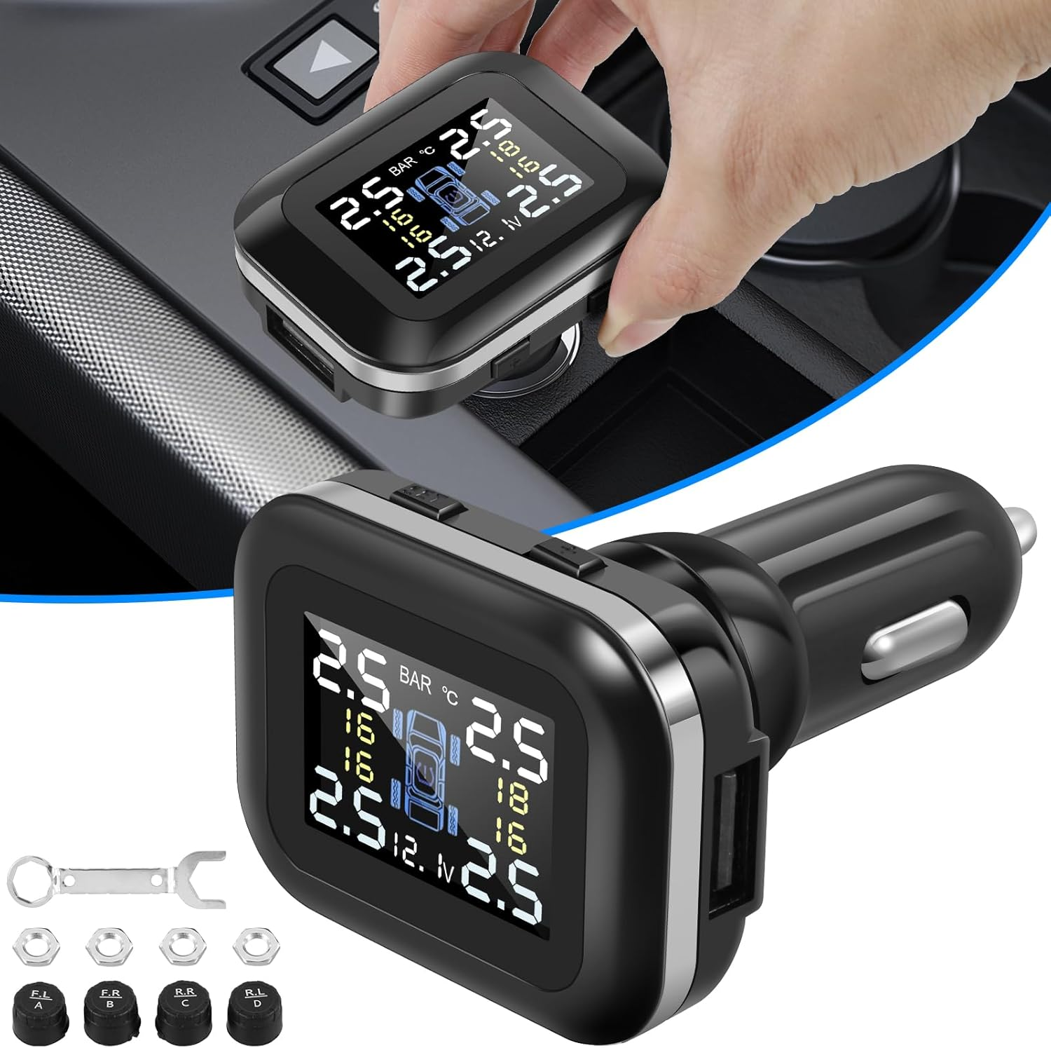 Tire Pressure Monitoring System TPMS Wireless Real-Time Tire Pressure Monitor System with 4 External Sensors and 6 Alarm Modes Adjustable Display Angle Tire Pressure Monitor for Car(Black) image number 4
