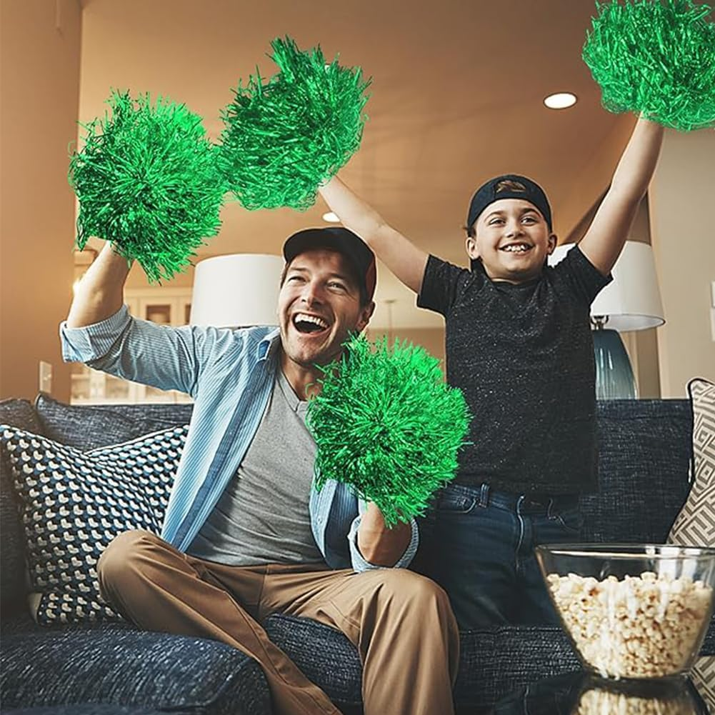 Cheerleading Pom Poms Metallic Foil Plastic 12Pcs Pom Poms with Baton Handle for Game Sports Squads Dancing Party Club Spirit Sports Stage Performance Celebration (Green) - Golden image number 6