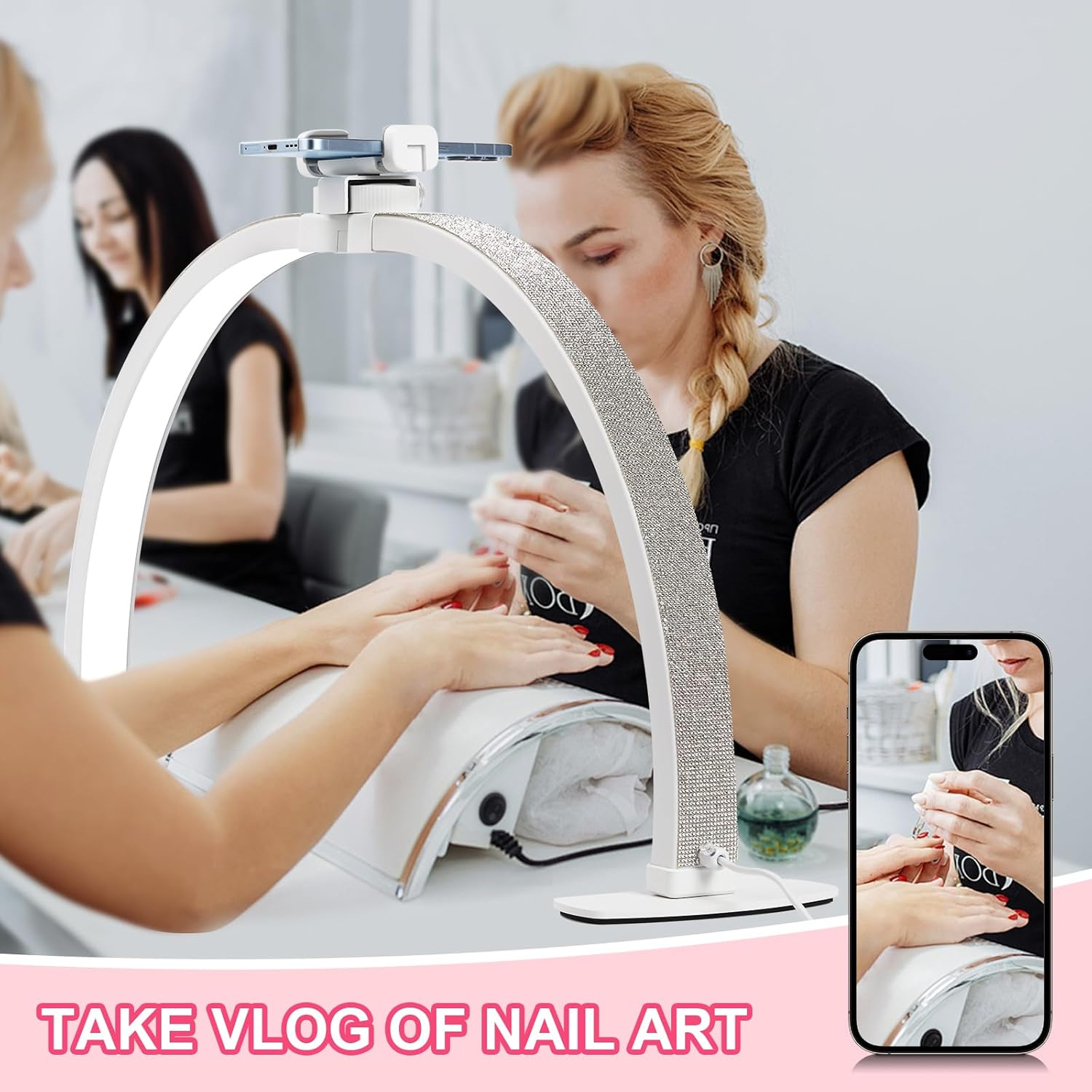 JIUYONG Upgraded Half Moon Light with Phone Holder, 29In Foldable Half Moon Light for Nail Desk, Nail Table Lamp with Stepless Dimming & Color Temperature (Large-29In) image number 2
