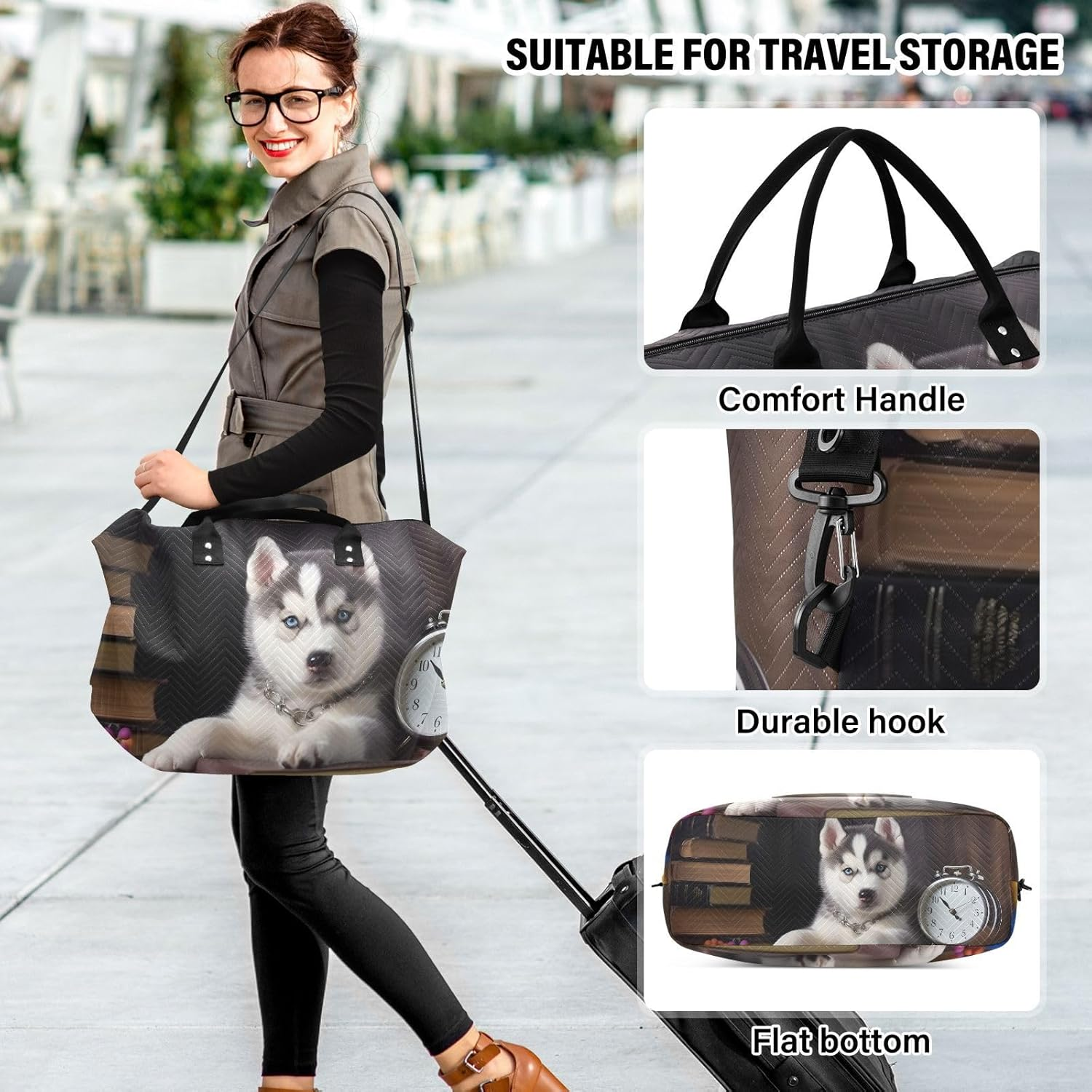 XYMZR Large Travel Duffel Bag, Cute Husky Watch Book Sport Tote Gym Bag, Shoulder Weekender Overnight Bag for Women Men, Carry on Luggage with Toiletry Bag, Multi-Colored