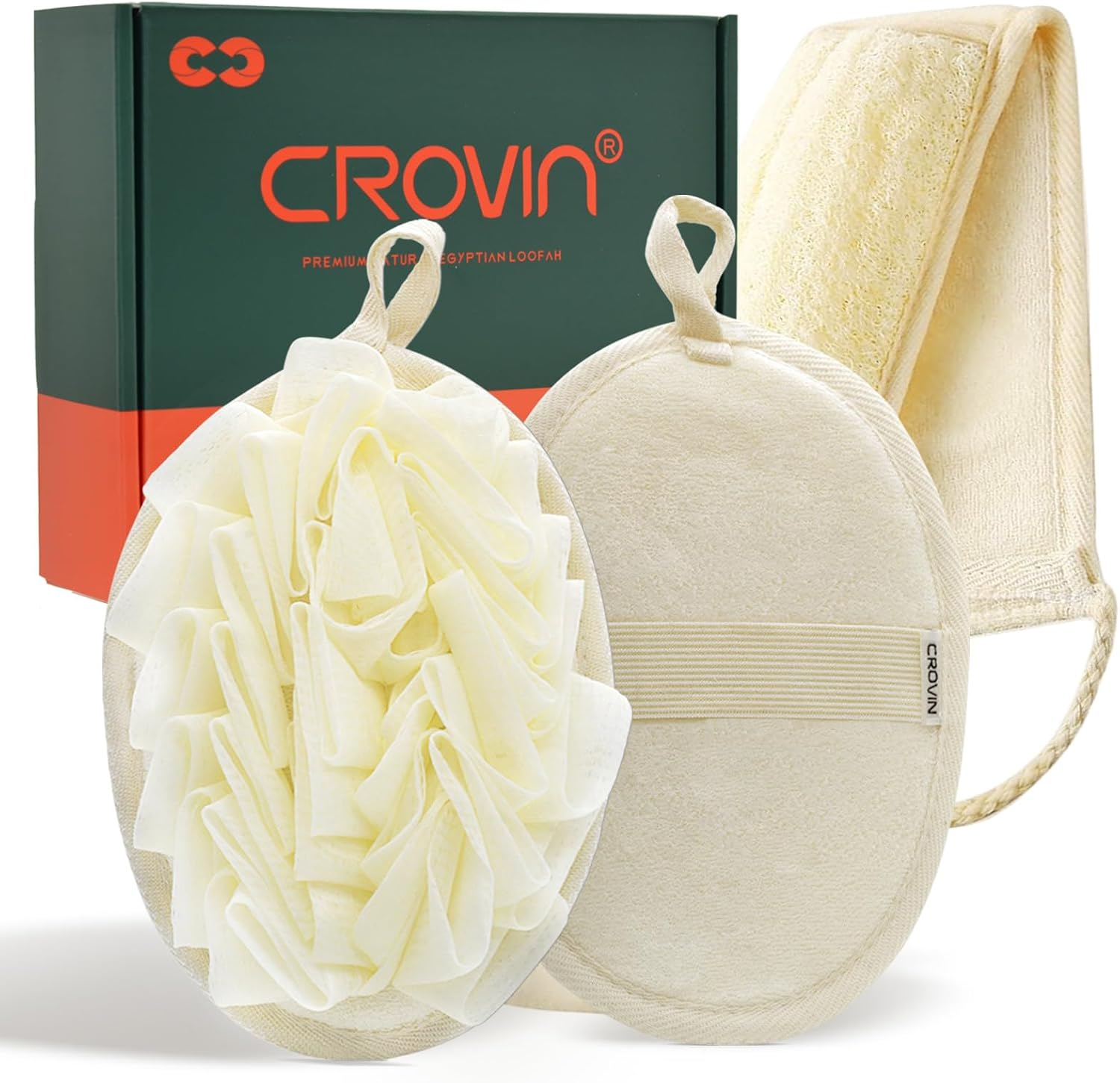 CROVIN Loofah Back Body Scrubber + Mesh Pouf PE Sponge for Bath and Shower - Gift for Women and Men - Deep Clean and Invigorate Your Skin （Pack of 3)