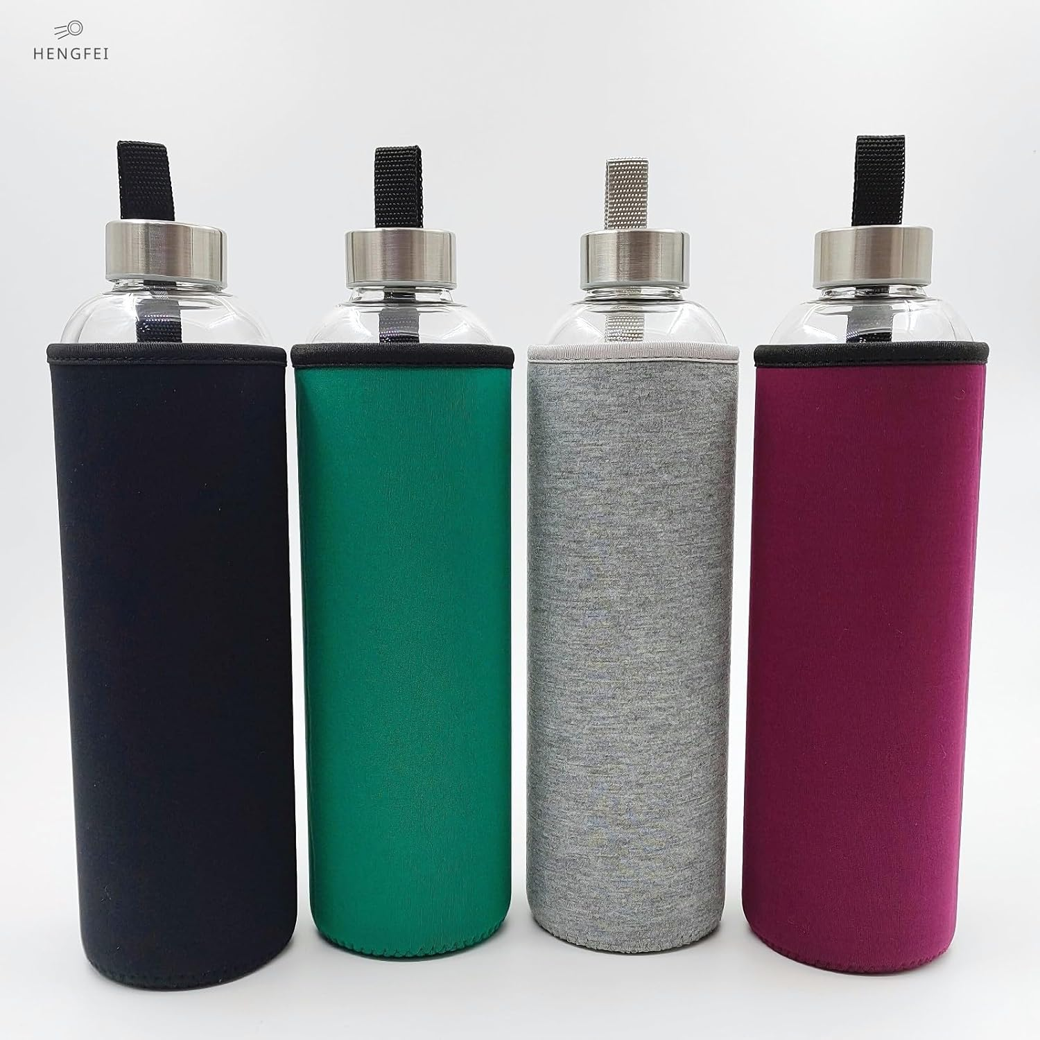 HENGFEI Glass Water Bottle with Bamboo Lid and Stainless Steel Lid (1000Ml, Burgundy Sleeve) - Light Grey Sleeve image number 5