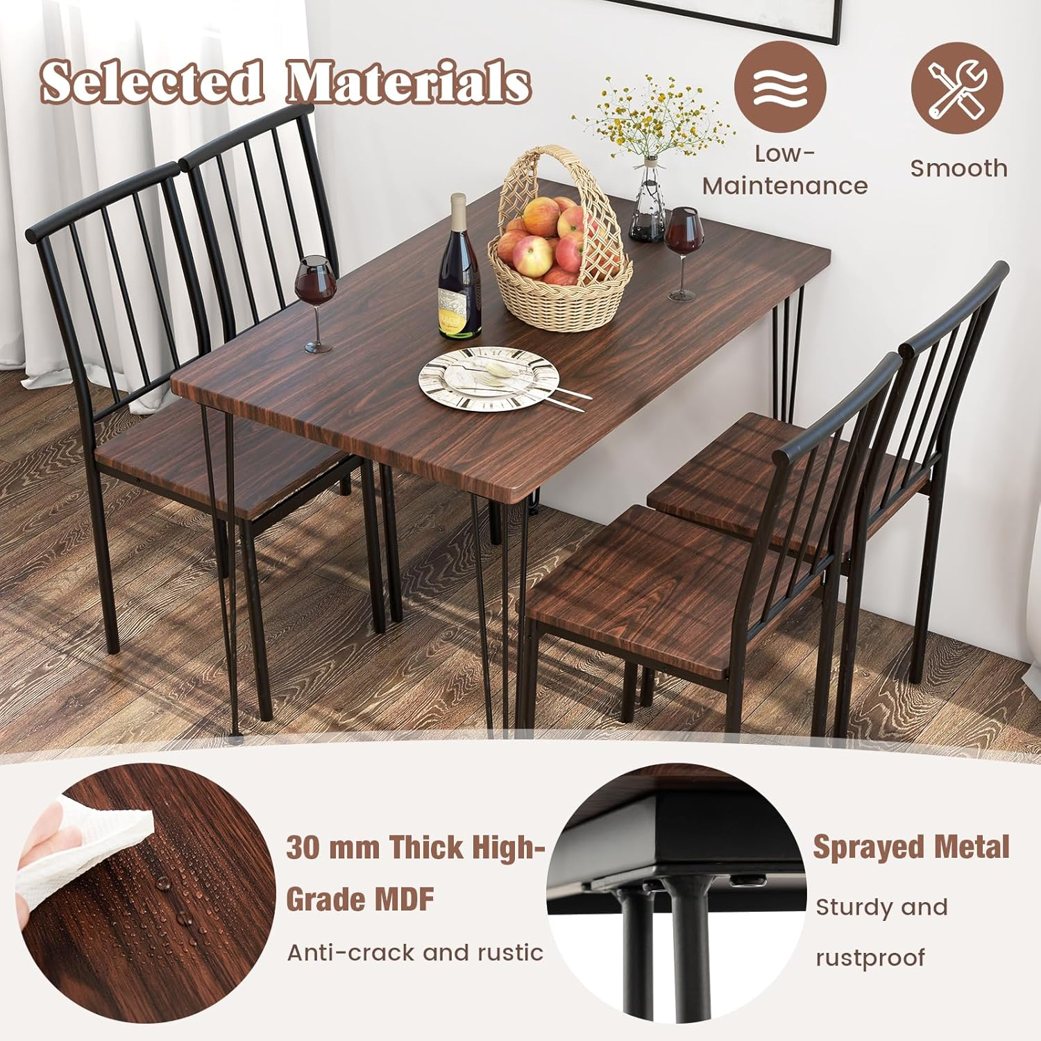 Giantex 5-Piece Dining Table Set for Small Space, Kitchen Table Set for 4, Dining Room Table & 4 Chairs with Metal Frame, Rustic Dining Set for Home Restaurant (Walnut) image number 5