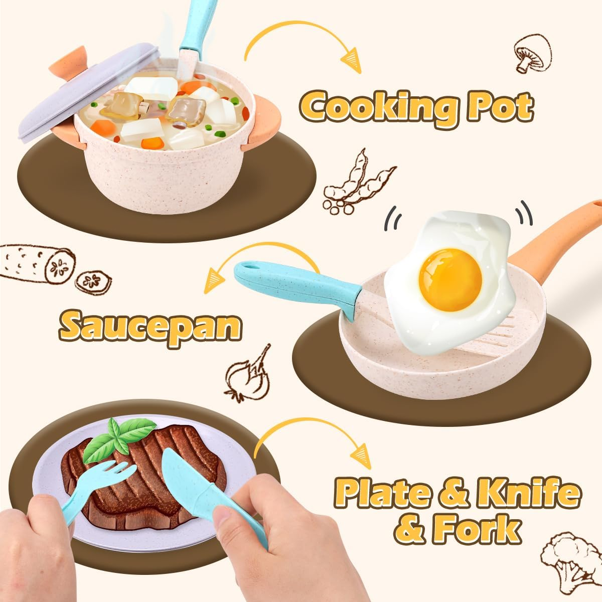 JQLM Kids Kitchen Playset, Play Kitchen Accessories Pretend Play Role Toys with Cookware Pots and Pans, Cooking Utensils, Tea Set for Toddler, 3 4 5 6 Year Old Boy Girl Gifts