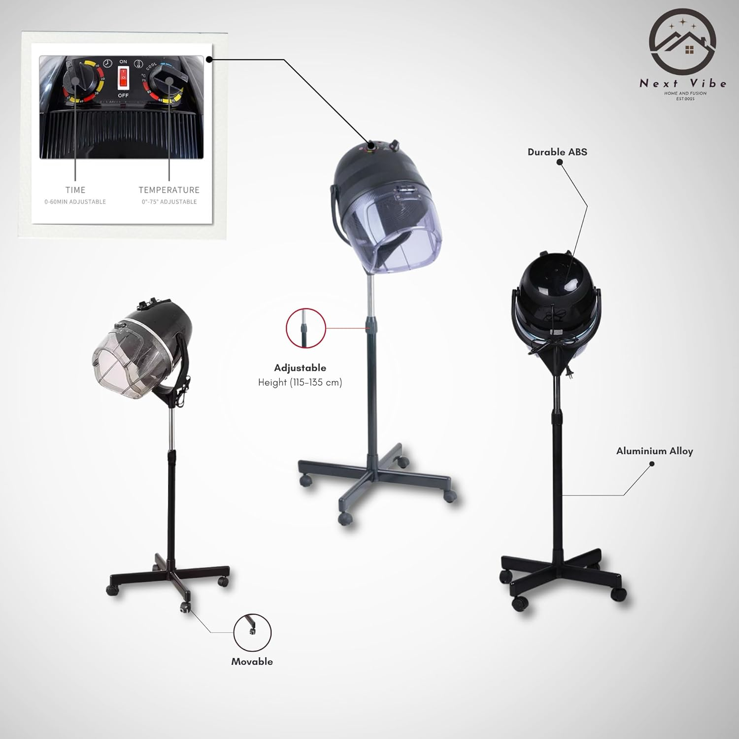 Professional Hooded Hair Dryer - Adjustable Height, 950W Power, Black ABS & Aluminium Alloy with US/AU Plug, 220V - Ideal for Salon & Home Use image number 2