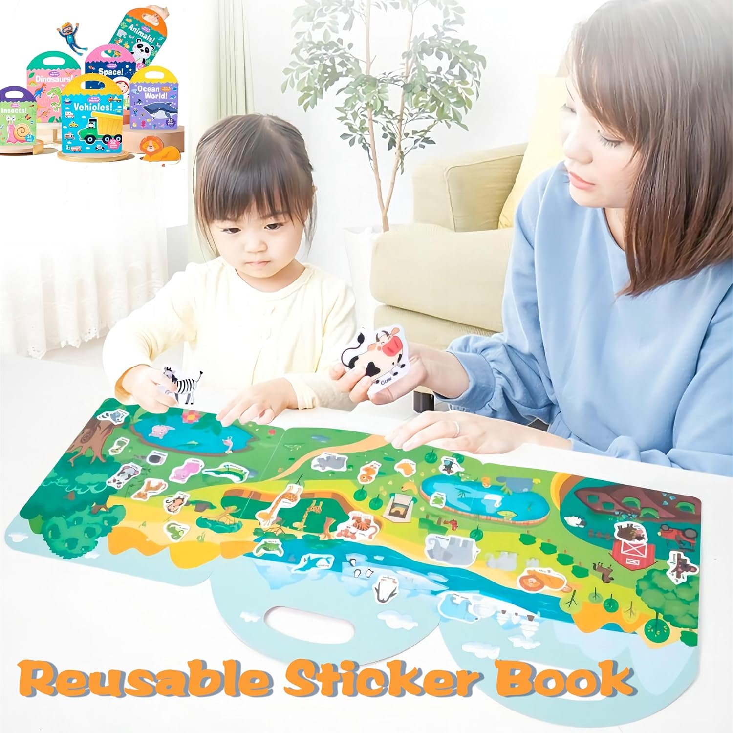 4 Pack Reusable Puffy Sticker Book for Kids 2-4, Reusable Stickers Books for Toddlers 1-3 Boys Girls, 4 Themes Animal Vechicles Dinosaurs Ocean Education Learning Toys for Christmas Birthday Gift image number 2