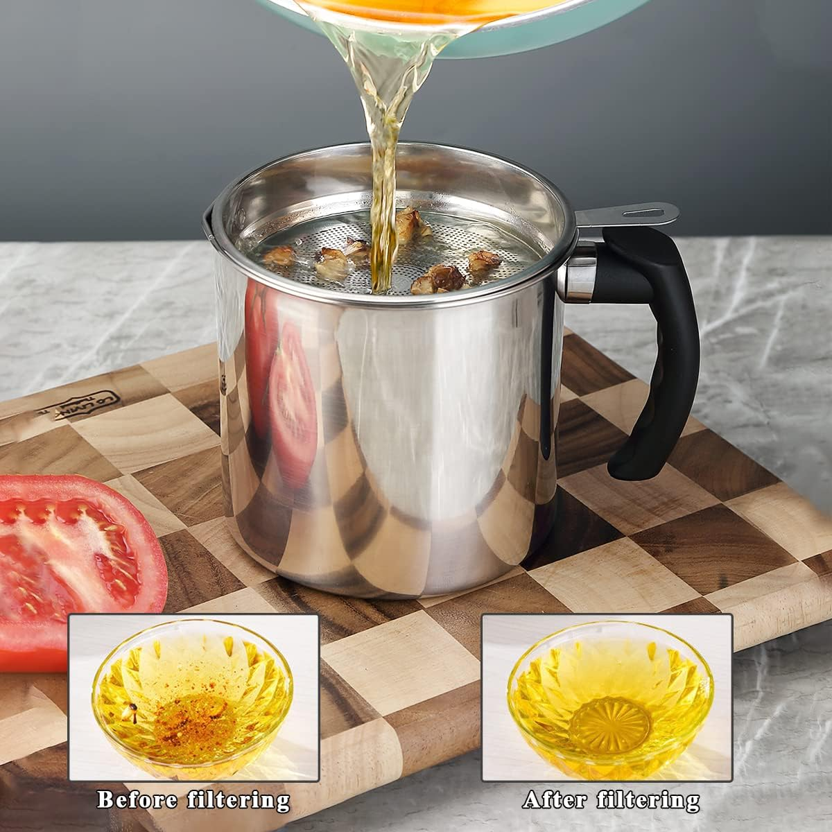 Bacon Grease Container with Filter, 47 Oz / 1.4 L, Stainless Steel Oil Storage Container with Fine Mesh Filter, Dustproof for Storing Frying Oil and Food Fat, Cookware Accessories image number 6