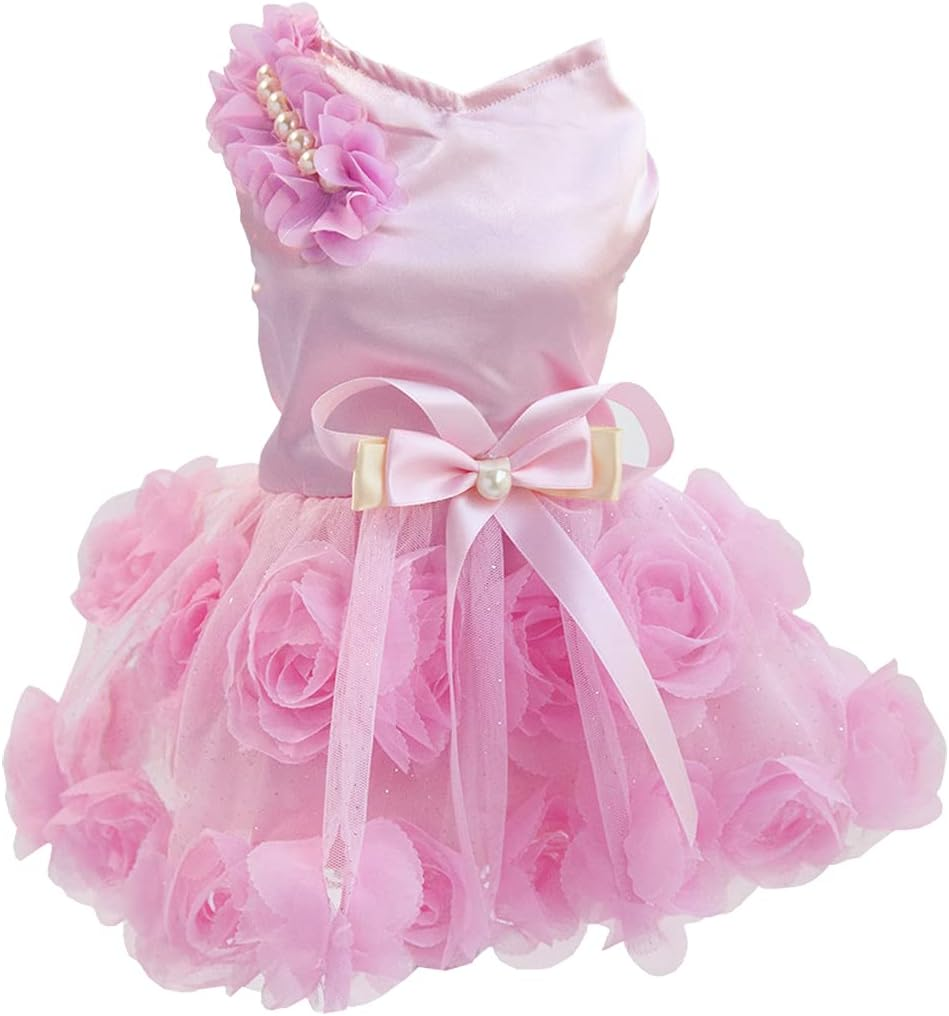 Dog Dress Luxury Puppy Skirt Dog Clothes Princess Dresses Wedding Evening Dress Tutu Skirt Rose Flower Bowknot Dress for Small Dog Girl (L, Pink)