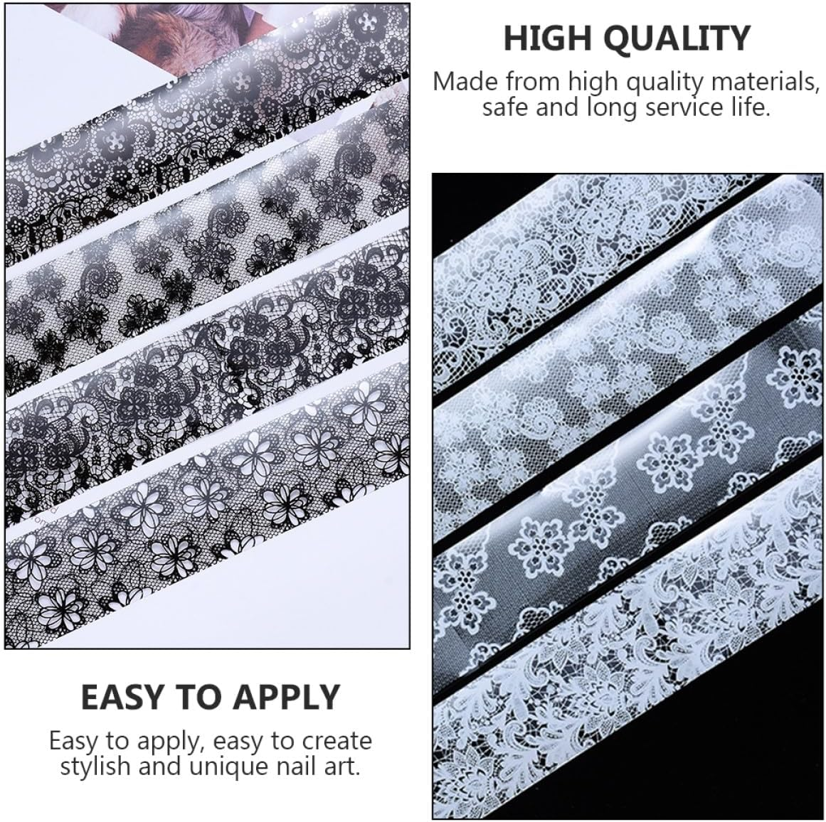 TEHAUX 2 Boxes Black and White Lace Nail Art Stickers Set, 10 Styles Decorative Nail Charms Decals for Creative Manicure and Salon Use image number 6