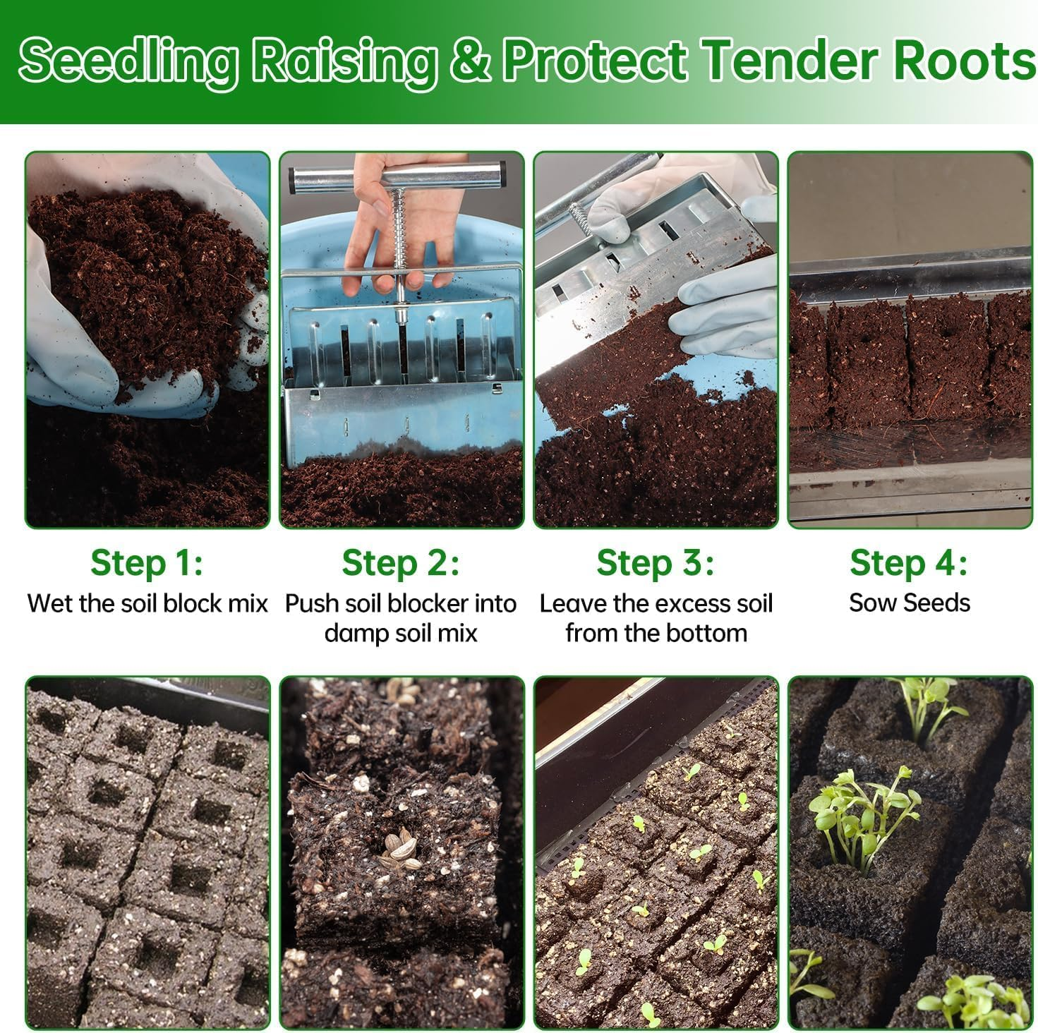 Soil Blocker, 4 Cell Soil Block Maker 5 CM with 3 Sizes Seed Pins, Seed Handheld Block Maker with Comfortable Handle, Garden Blocking Tools for Seedings, Cuttings, Greenhouses image number 3