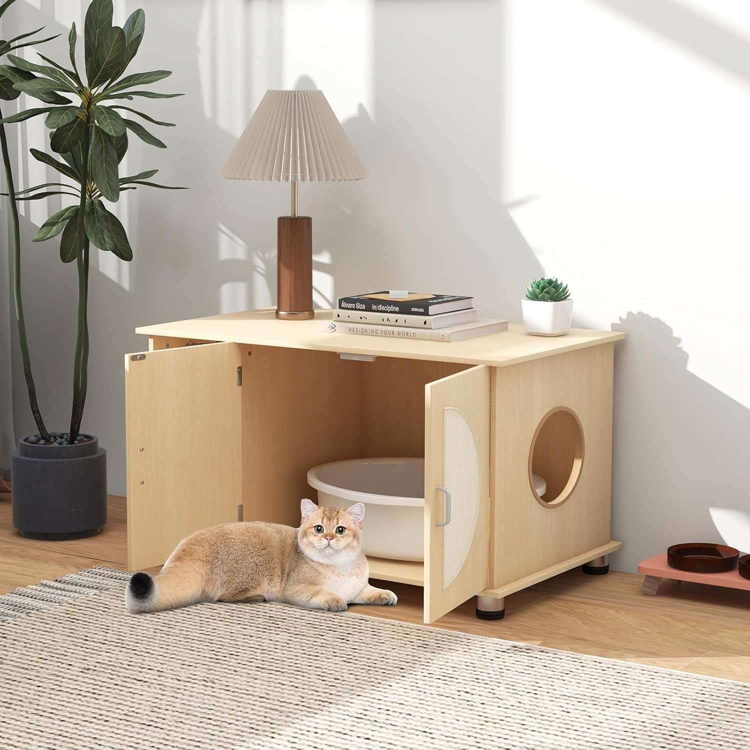 Costway Cat Litter Box Enclosure with Sisal Scratching Doors, Adjustable Metal Feet, Hidden Washroom with Storage, Indoor Cabinet End Side Table, Wooden House Furniture for Kitten & Adult