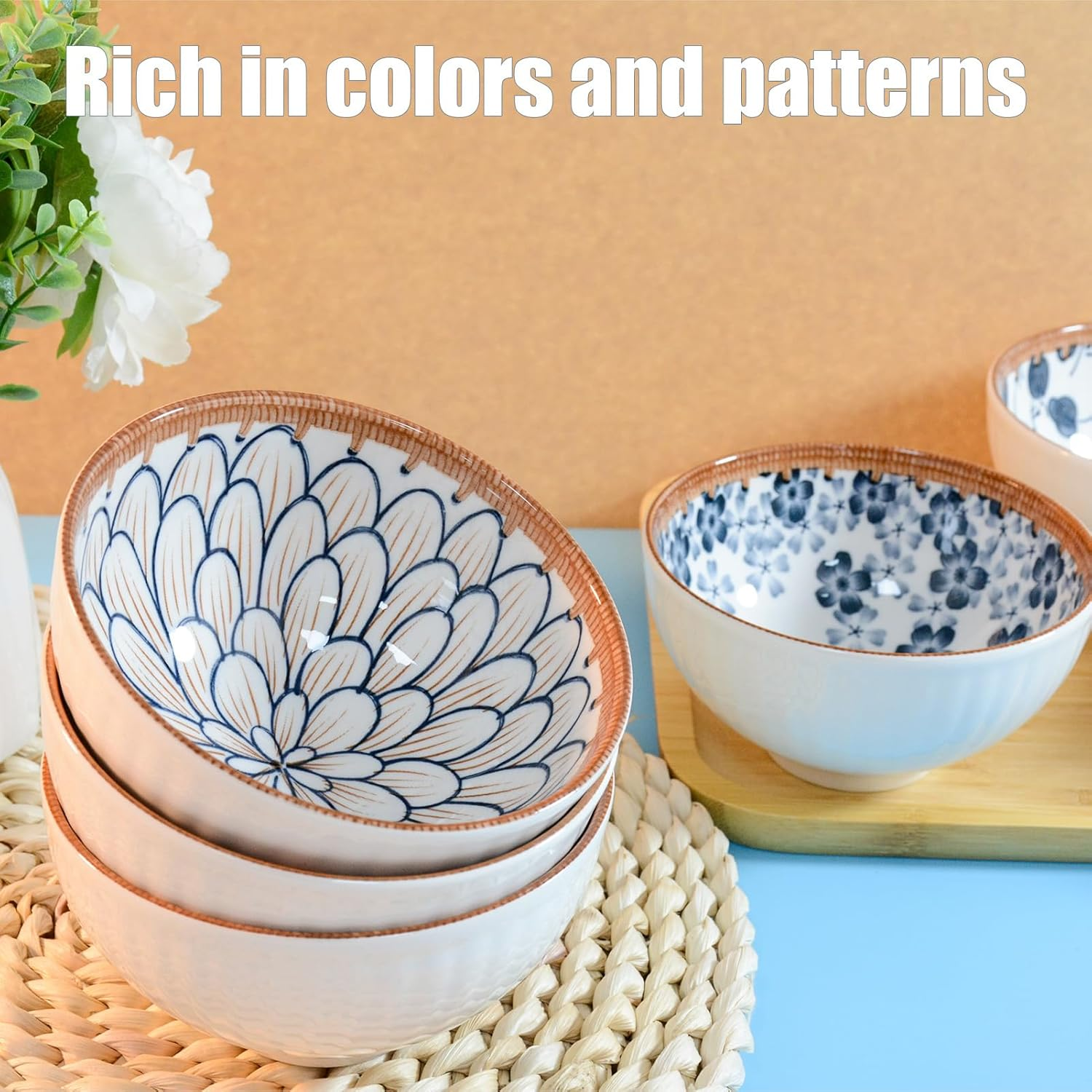 6 Pack Ceramic Bowls, Japanese Style, 10 Ounces Thickening Blue and White Porcelain Rice/Cereal Bowls for Kitchen, Suitable for Microwave, Ovens, Dishwashers (Mixing)