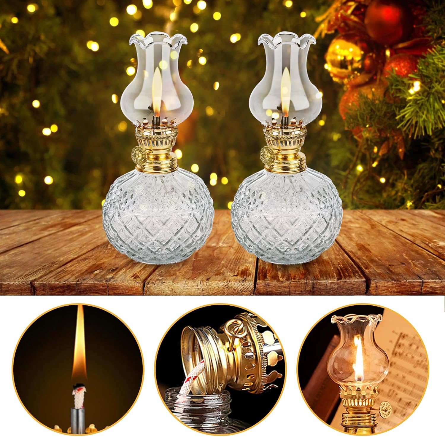 Petroleum Lamp for Indoor Use, Pack of 2, Oil Lamps Made of Glass, Retro Nostalgia, Transparent, Adjustable Brightness, Windproof, Decorative Oil Lamp for Living Room, Emergency Use, Dining Room image number 2