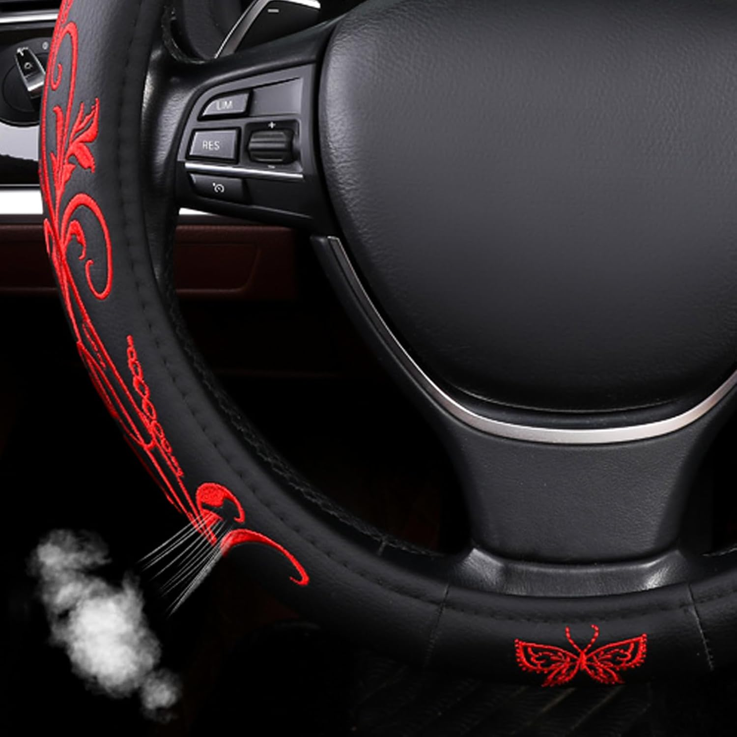 Red Embroidery Butterfly Car Steering Wheel Cover,14.5-15 Inch Universal Leather Covers Breathable Anti-Slip Odorless Steering Wheels Accessories for Men Women - Black  White image number 5