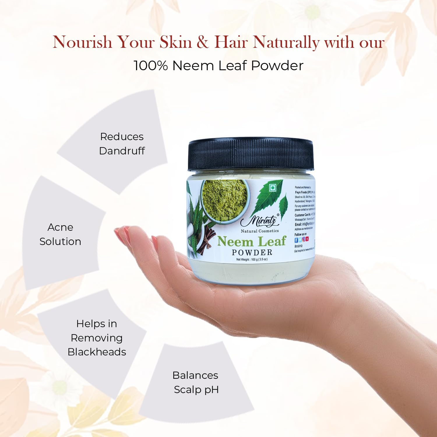 Mirintz 100% Natural Neem Powder for Hair & Skin | (100 Gms) Pure Azadirachta Indica Neem Leaves Dried | Neem Leaf Powder for Face Pack, Skin Care Mask & Hair Growth Mask | Natural Skin Care Products