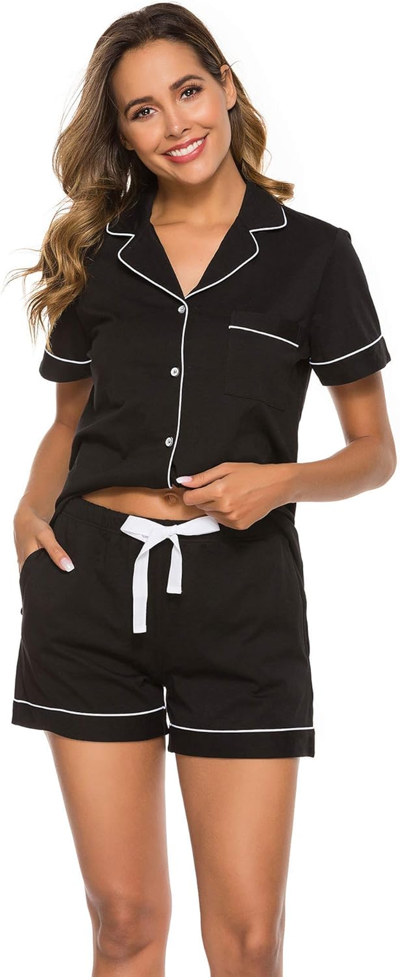 Women'S Breathable Cotton Pajama Set - Summer Short Sleeve Sleepwear with Button-Down Top & Pockets, Perfect for Maternity, Home & Travel (S-XL)