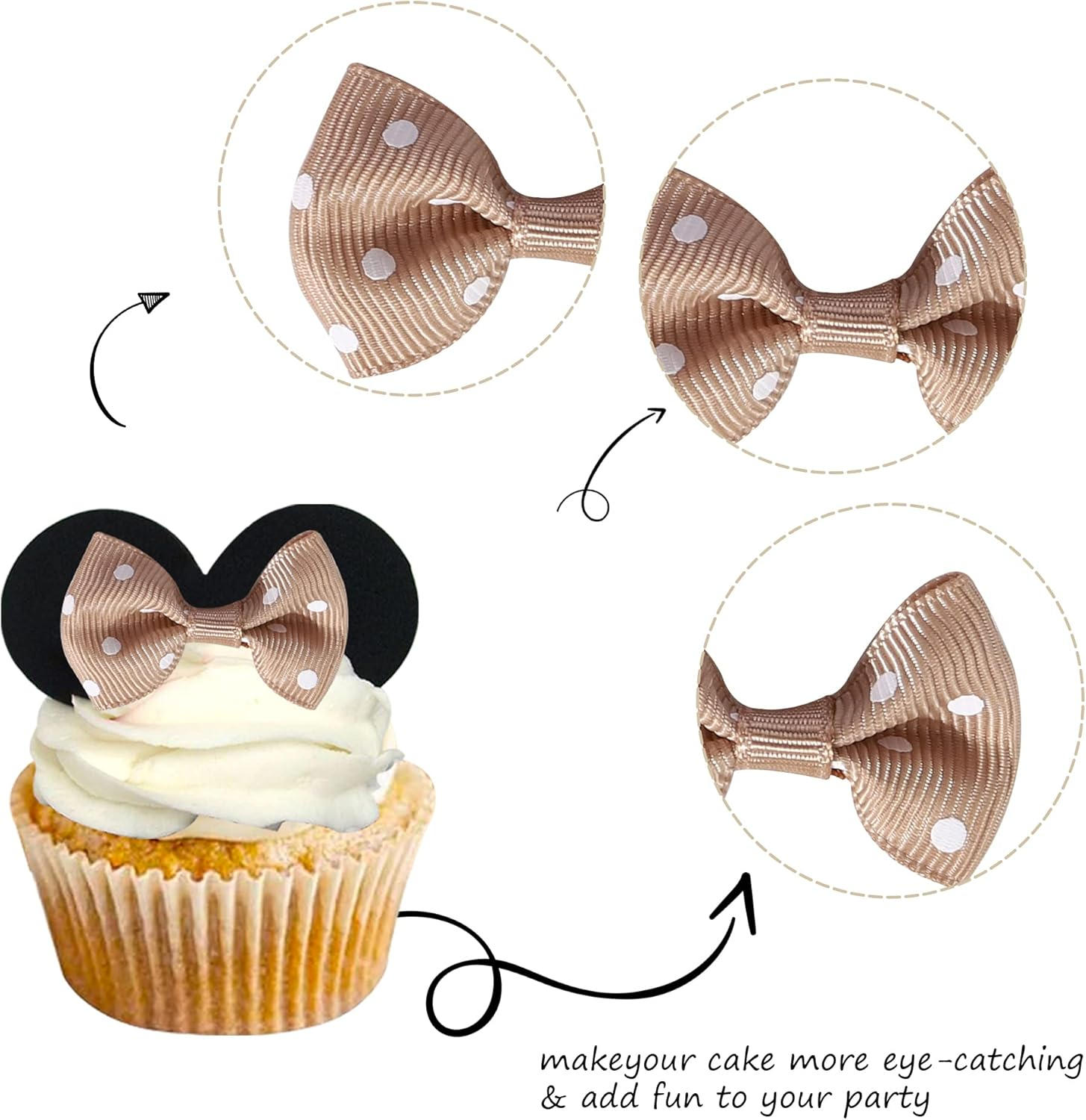 Rsstarxi 24 Pcs Bowknot Cupcake Toppers Children'S Birthday Bow Dots Cupcake Toppers for Children'S Birthday Baby Shower Party Cake Decortions Supplies Brown - Brown image number 3