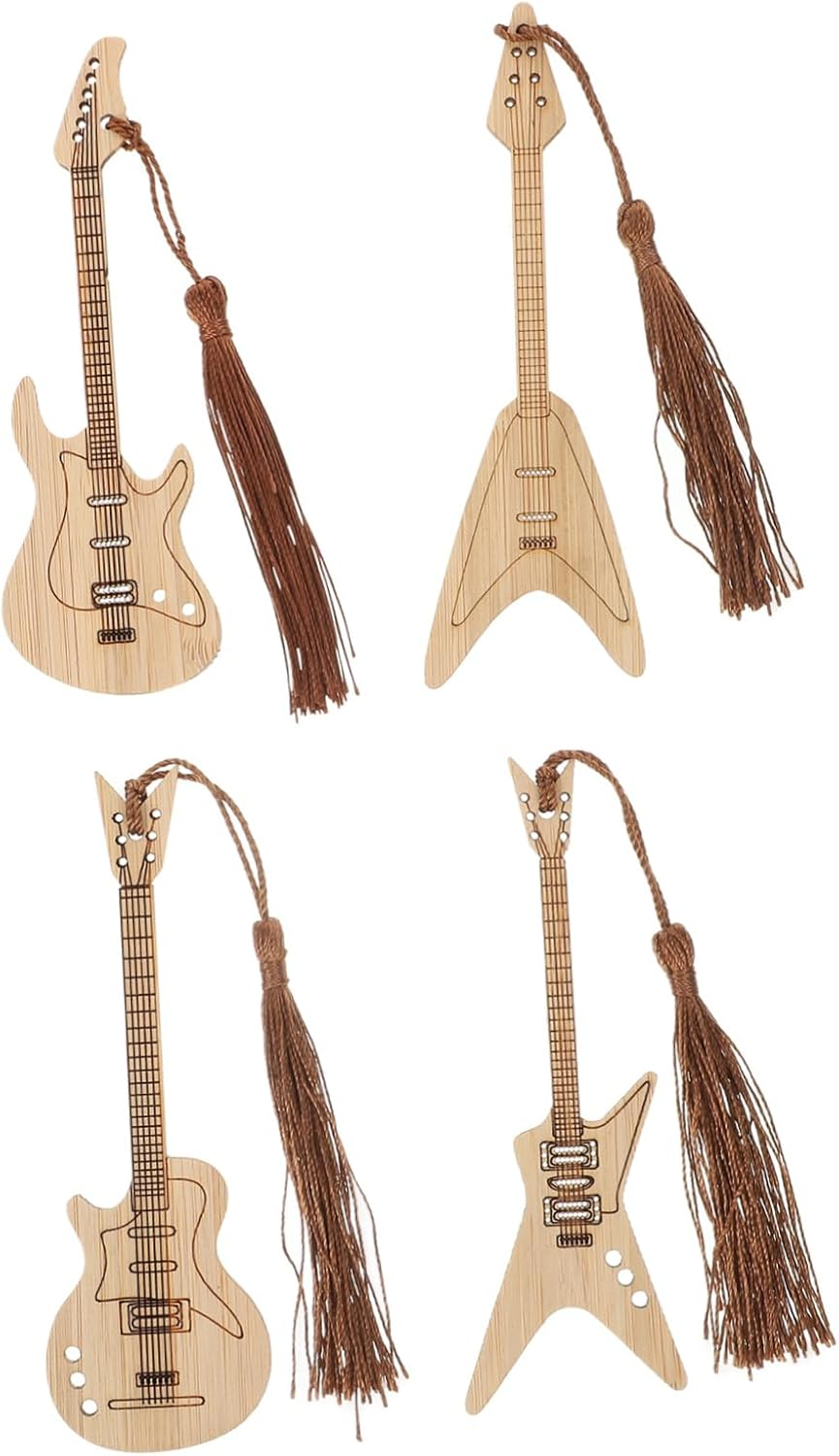 Tofficu 2Sets Bamboo Book Marks Creative Tassels Students Present Guitar Shapebookmark 4Pcs*2