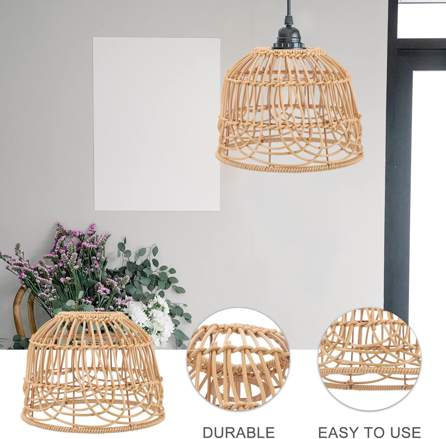 LIFKOME Vintage Decor Pendant Lampshade Rattan Woven Lamp Cover Light Bulb Cage Ceiling Light Shade Rattan Basket Lamp Cover for Home Kitchen Tea House Farmhouse Woven Lamp Shade image number 1