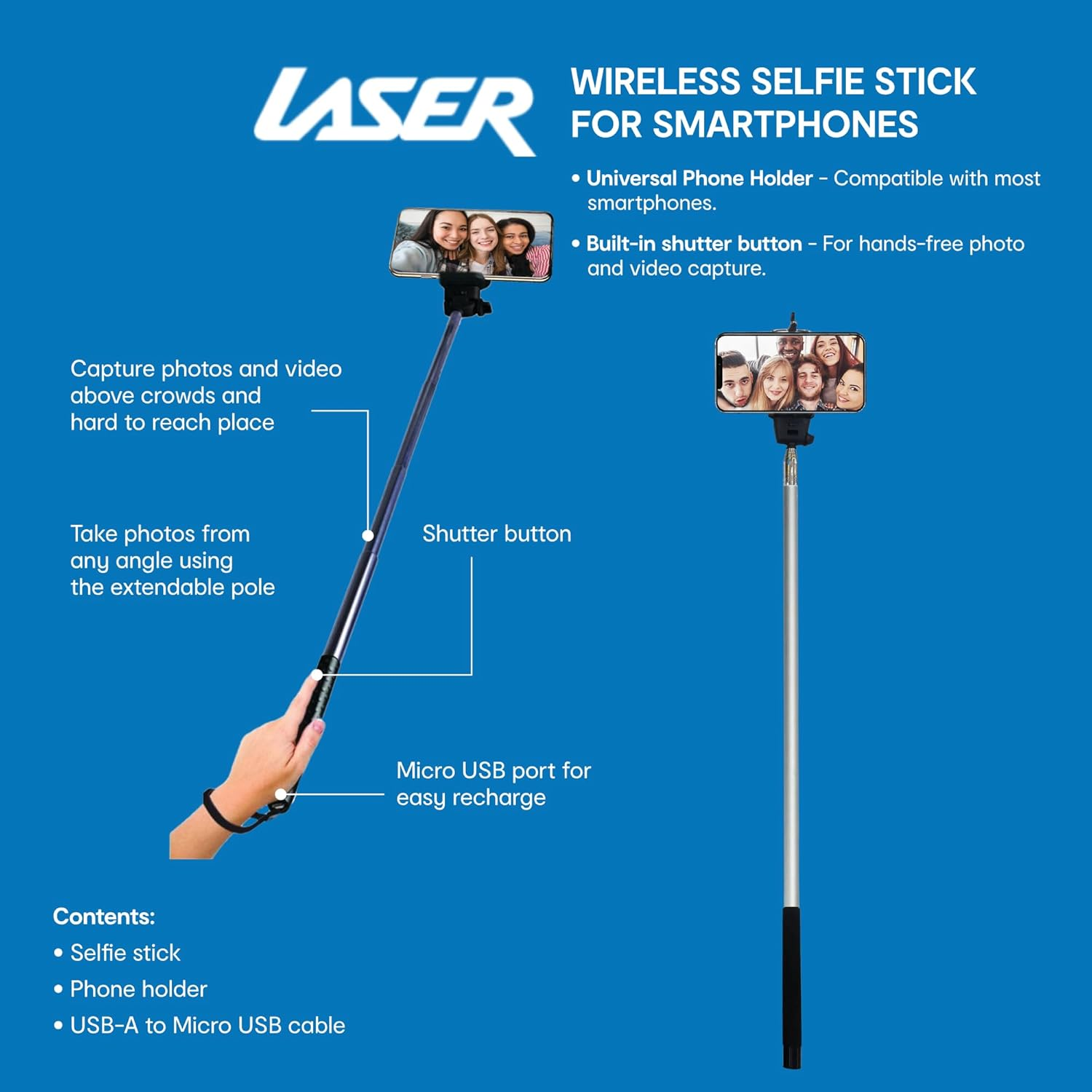 Laser Bluetooth Selfie Stick with Adjustable Phone Holder, Extends to 100Cm, Built-In Shutter Button, Micro USB Rechargeable, Spring Lock, Fits 5Cm to 8Cm Phones, Ideal for Travel and Group Photos image number 6