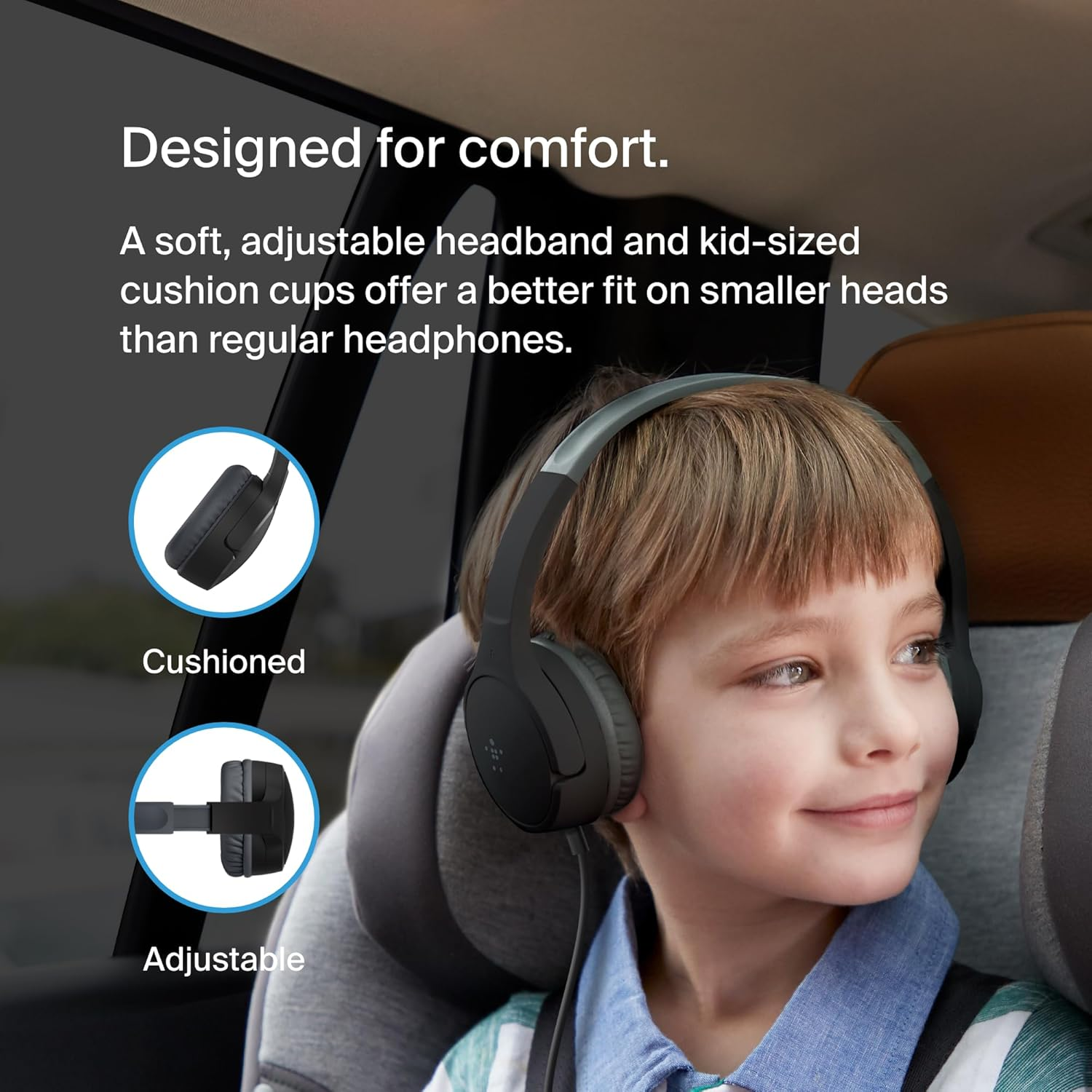 Belkin Soundform Mini Kids Wired Headphones with Built-In Microphone & Fun Stickers, 85Db Safe Volume Limit &ndash; for Online Learning, Travel, Compatible W/Iphone 15, Ipad, Galaxy S23, & More - Black image number 3