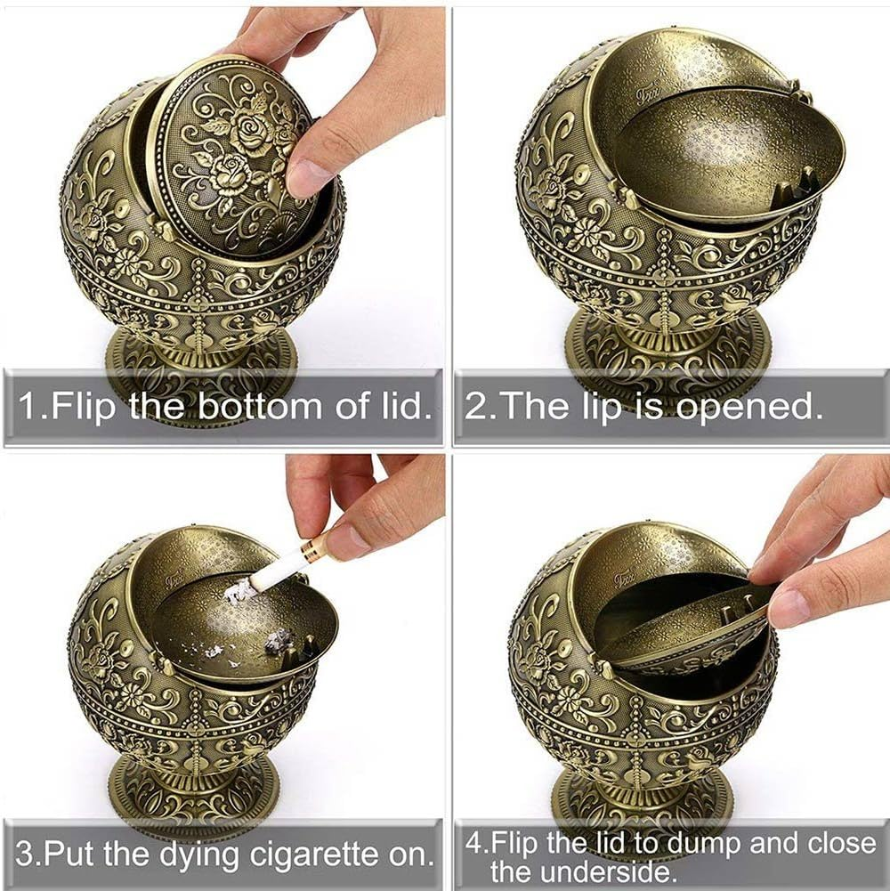 Vintage Windproof Ashtray with Lidmetal Decorative Cigarettes Ashtray for Outdoor Indoorunique Tabletop Ashtray for Home Hotelnice Gift(Rose Bronze) image number 5