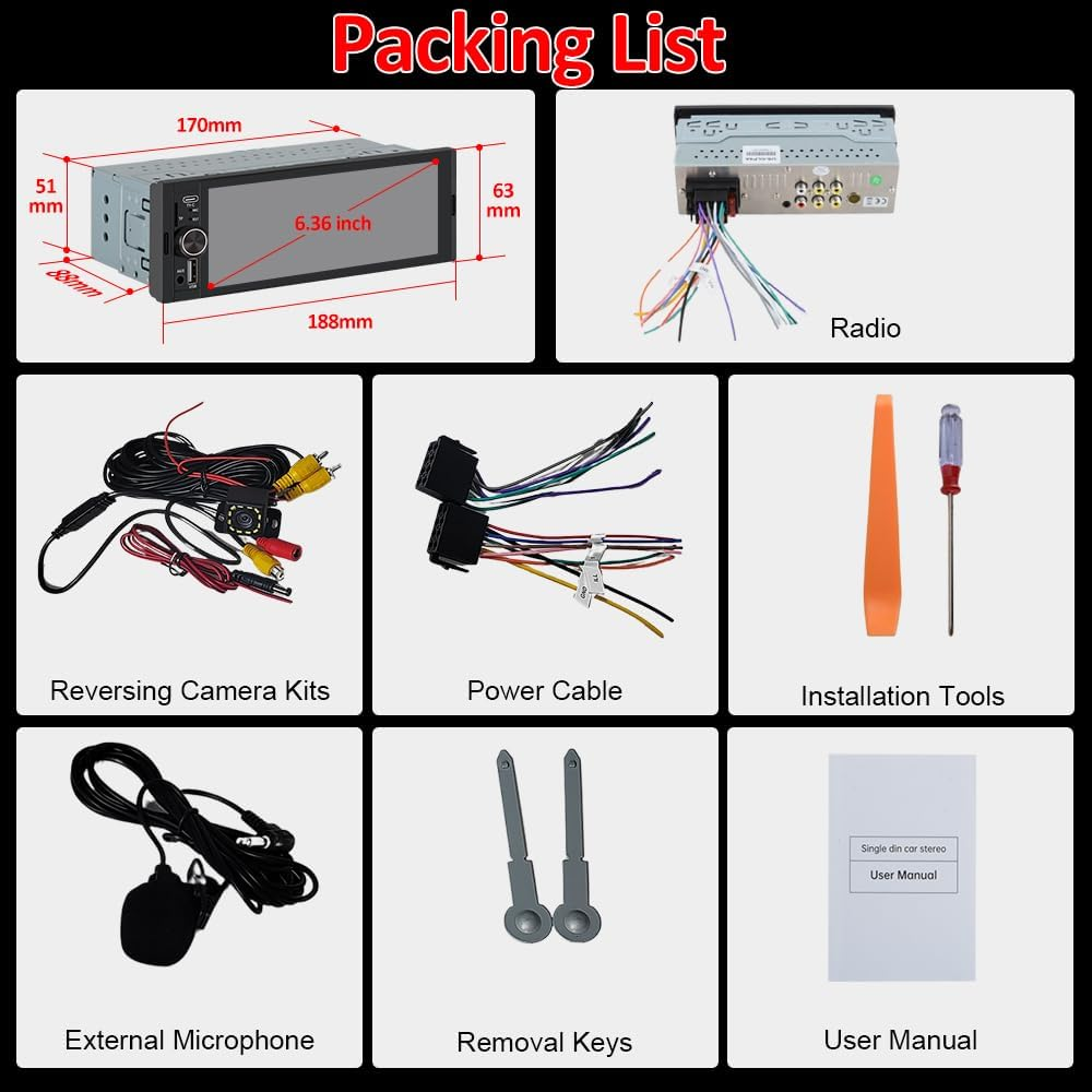 Junsun Single DIN Car Stereo with Carplay and Android Auto, Radio 1 Din with Reversing Camera FM Type-C Port Function image number 1