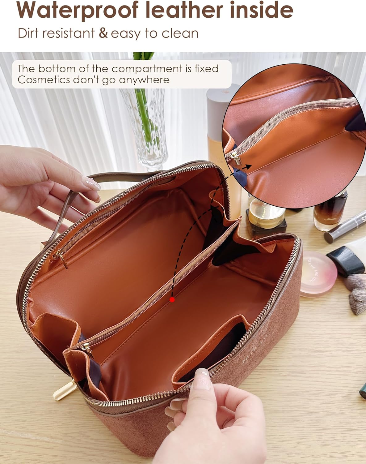 Travel Makeup Bag,Cosmetic Organizer Bag for Women,Large Capacity Make up Bag Waterproof PU Leather Makeup Organizer Bag Wide Open Portable Pouch with Dividers and Handle(B-Green) - A-Grey image number 5