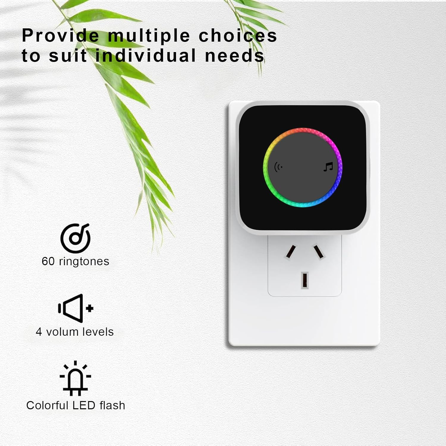 Wireless Doorbell Chime with 1 Remote Waterproof Transmitter and 2 Plugin Receivers, Remote Door Bell Ringer 300M Long Range, 60 Ringtones &bull; 4 Volume Levels &bull; Colorful LED Flash &bull; Portable Doorbell image number 3