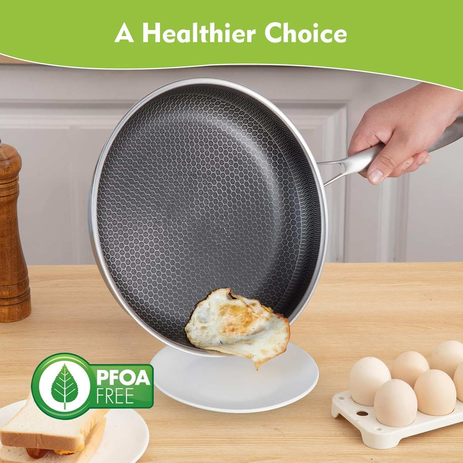 Non Stick Frying Pans, Hybrid 12 Inch/30Cm Frying Pans Nonstick with Lid, Stainless Steel Skillets Chef Cookware, PFOA Free, Works on Induction,Ceramic,Gas Cooktops and Ovens image number 4