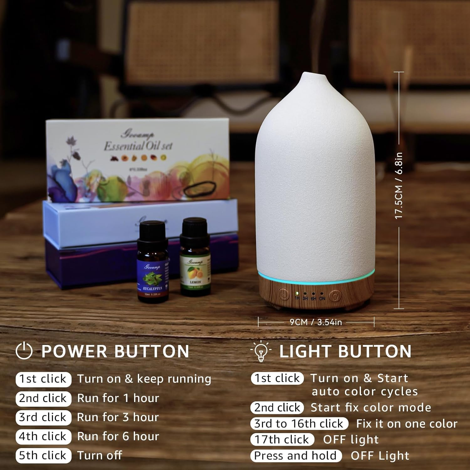 Gooamp 200ML Ceramic Diffuser,Aromatherapy Diffuser,Essential Oil Diffuser with 7 Color Lights Auto Shut off for Home Office Room,Wood Grain Base (1/3/6/ON Hrs Working Time), TC-202-200ML