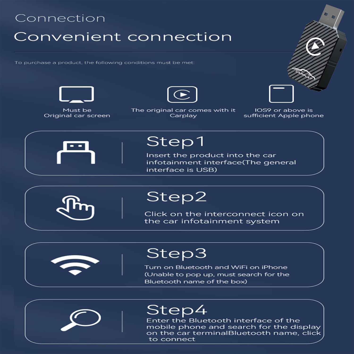 Wireless Carplay Adapter, Wireless Carplay Dongle, Plug and Play Adapter, Compatible with Cars from 2016 & Iphone Ios 12+（Black） image number 1