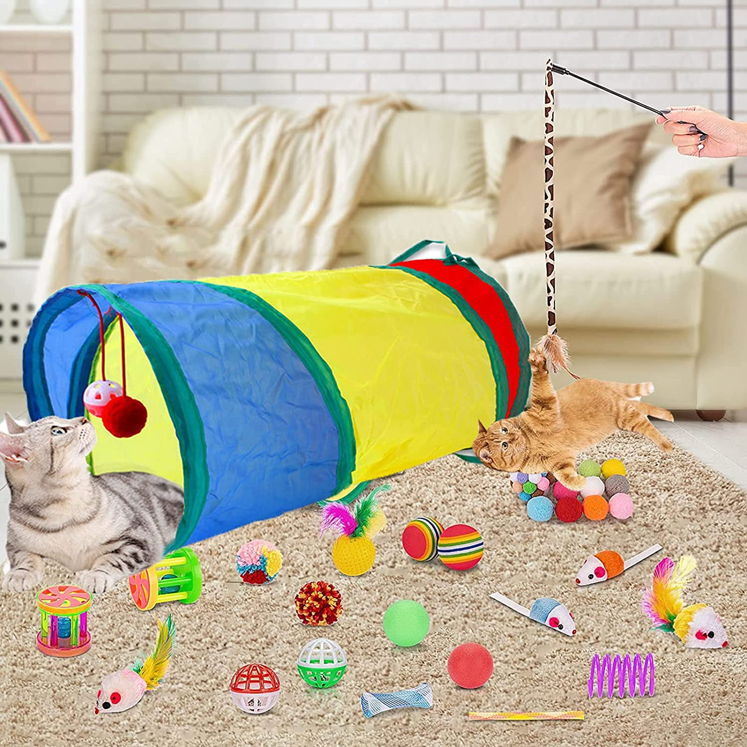 28 PCS Cat Toys,Set of Cat Toys for Indoor Cats,Variety Catnip Toys with Collapsible Rainbow Tunnel Interactive Feather Teaser Fluffy Mouse Crinkle Balls Spring and Bells Toy Set for Kitty and Cats image number 2