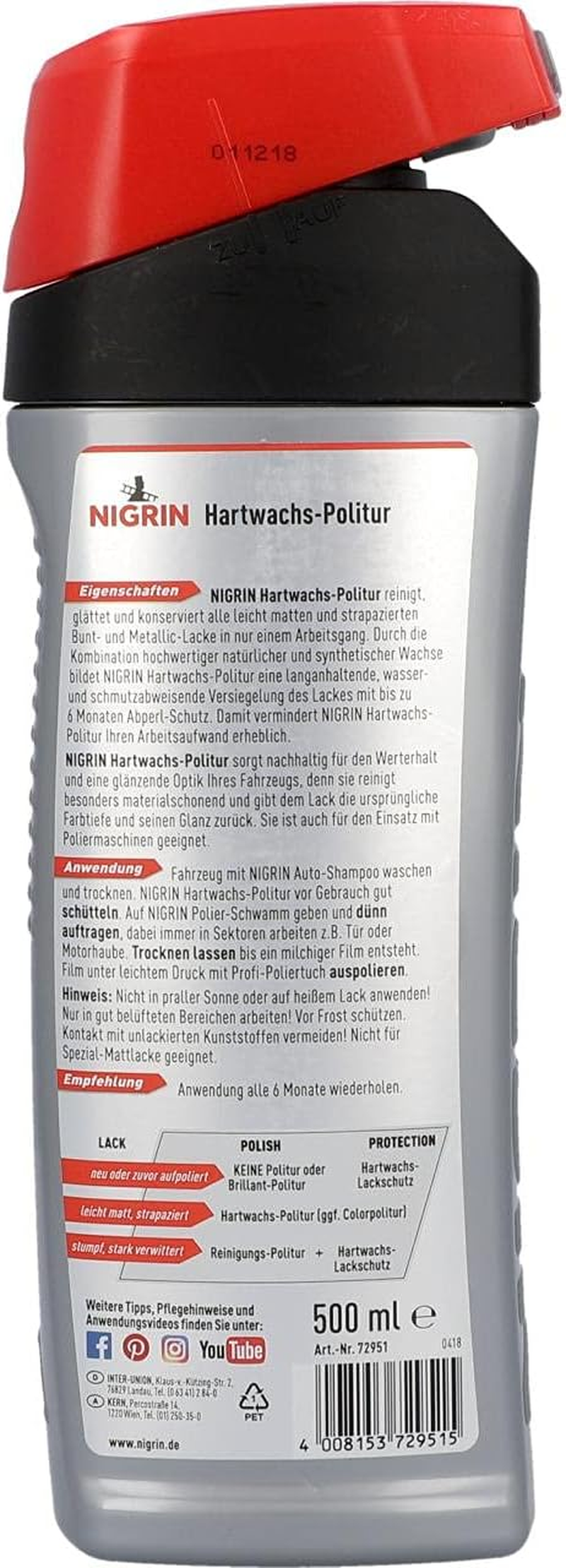 NIGRIN Hard Wax Polish, Gentle Polish, Cleans Deep Pores, Refreshes Colours, 500 Ml image number 1