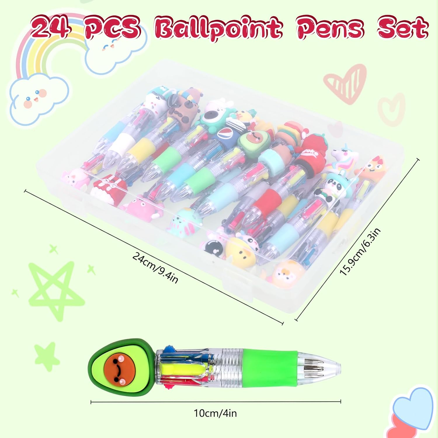 24 Pcs Mini Multicolored 4-In-1 Cute Retractable Ballpoint Pens for Kids Party Bag Fillers, Fun Novelty Cartoon Multi Color Ballpoint Pen Bulk for Classroom School Supplies Party Favors Girls