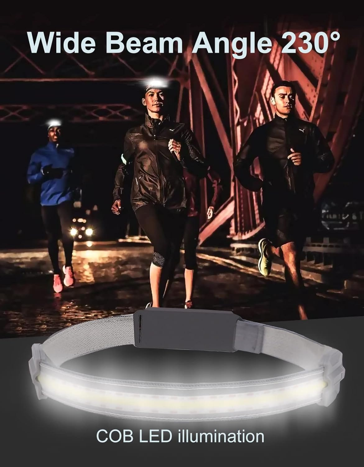 LED COB Head Torch USB Rechargeable 230&deg; Wide Beam 350 Lumen Super Bright Headlamps with Rear Red Warning Light 3 Modes Lightweight Waterproof Headlight for Running Hiking Camping image number 2