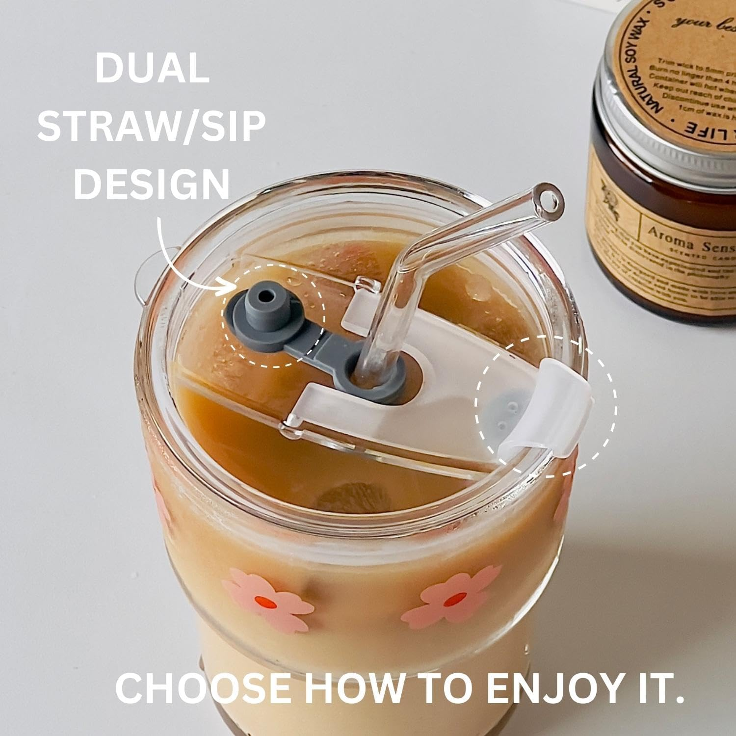 Olvini 13Oz Glass Tumbler with Glass Straw and Lid, Iced Coffee Cups Reusable, Water Cup, Coffee Tumbler, Glass Coffee Mugs, Drinking Glass Cups (Pink Flower) image number 4